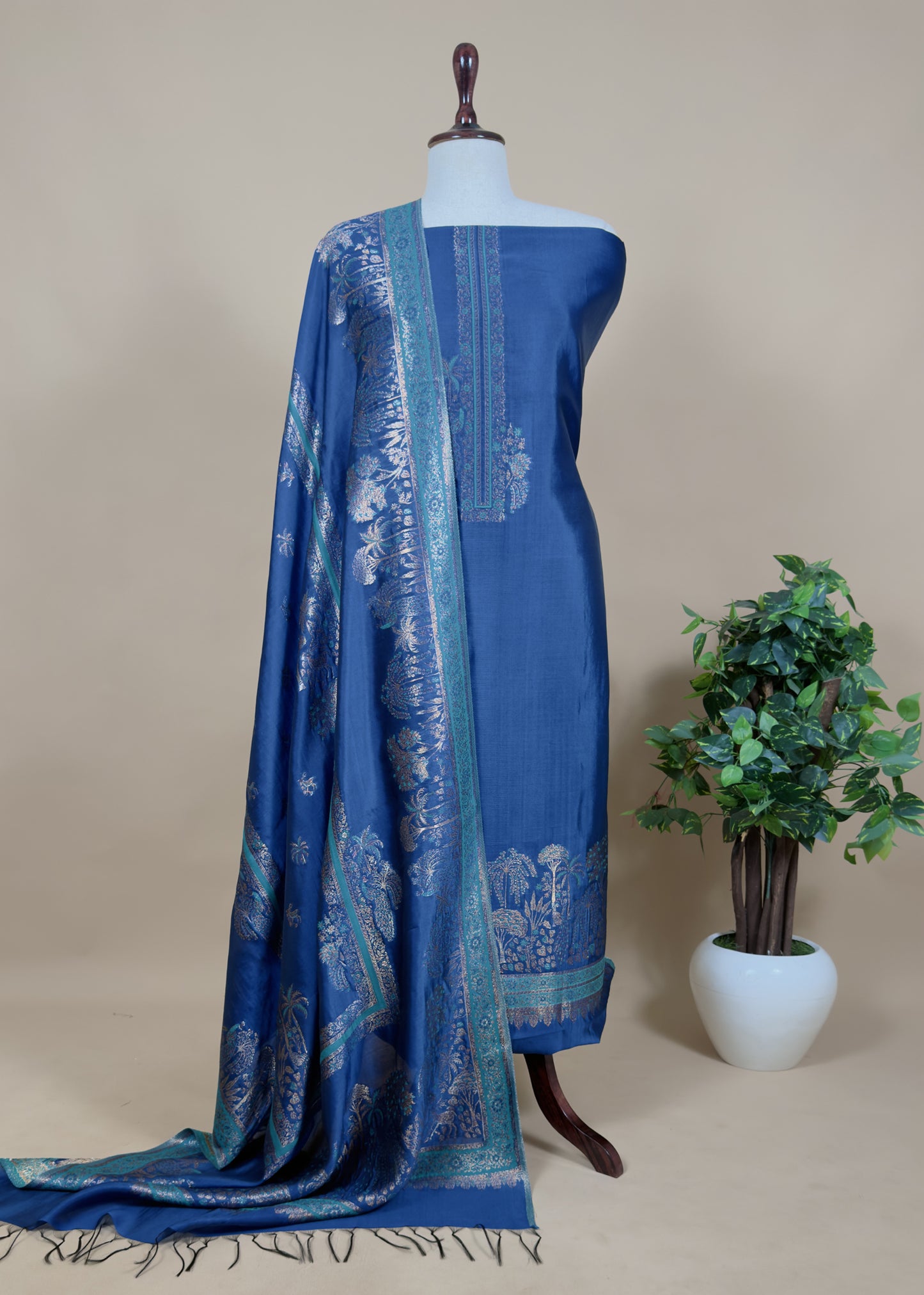 Royal Blue Palm Trees Kani Zari Silk Unstitched Suit