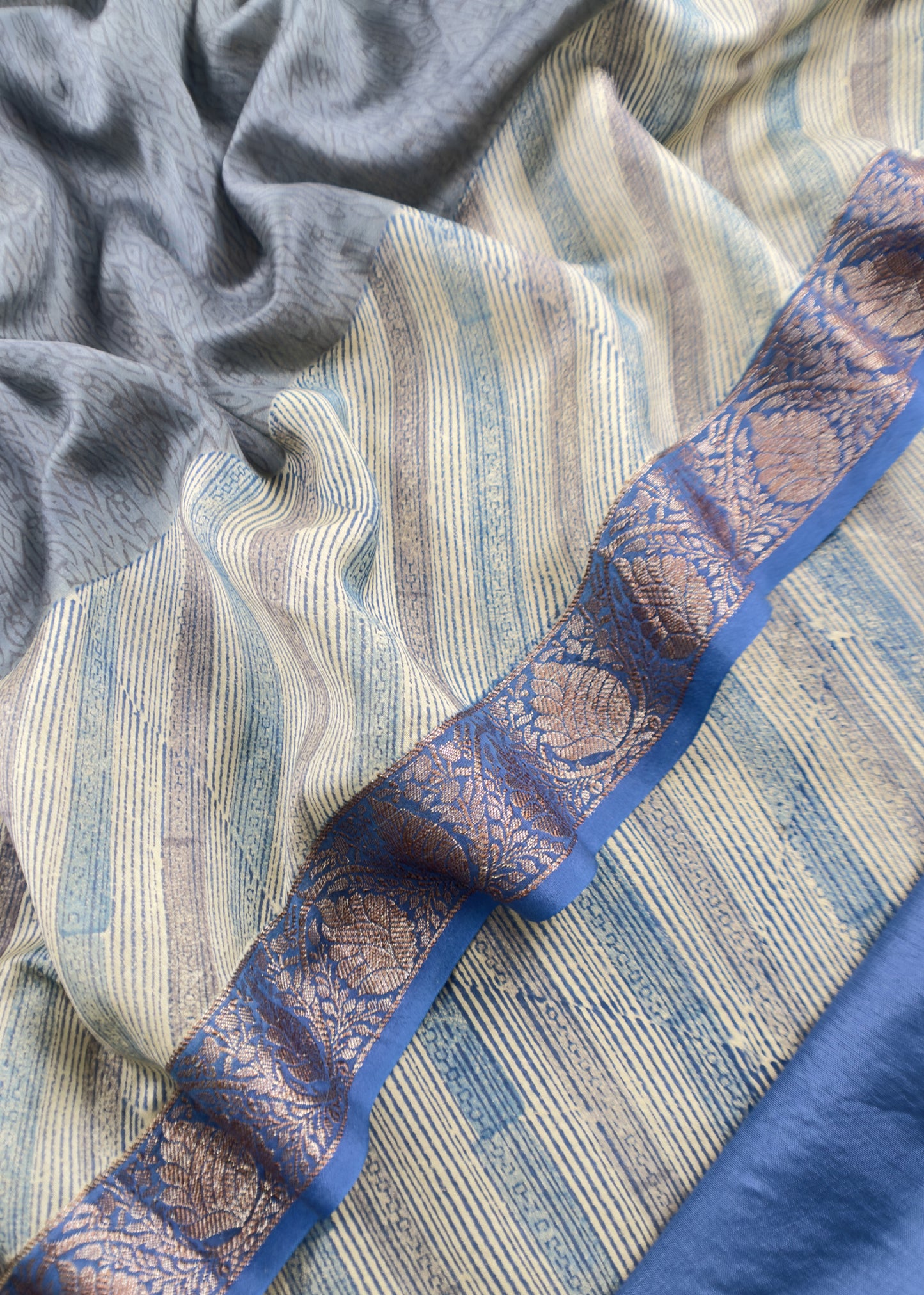 Blue Handloom Banarasi Zari Weaving Maheshwari Silk Suits Set With Block Print