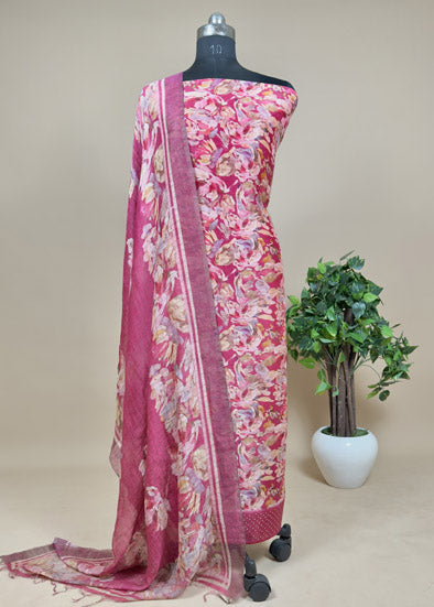 Red Handloom Linen Silk Suit With Digital Print