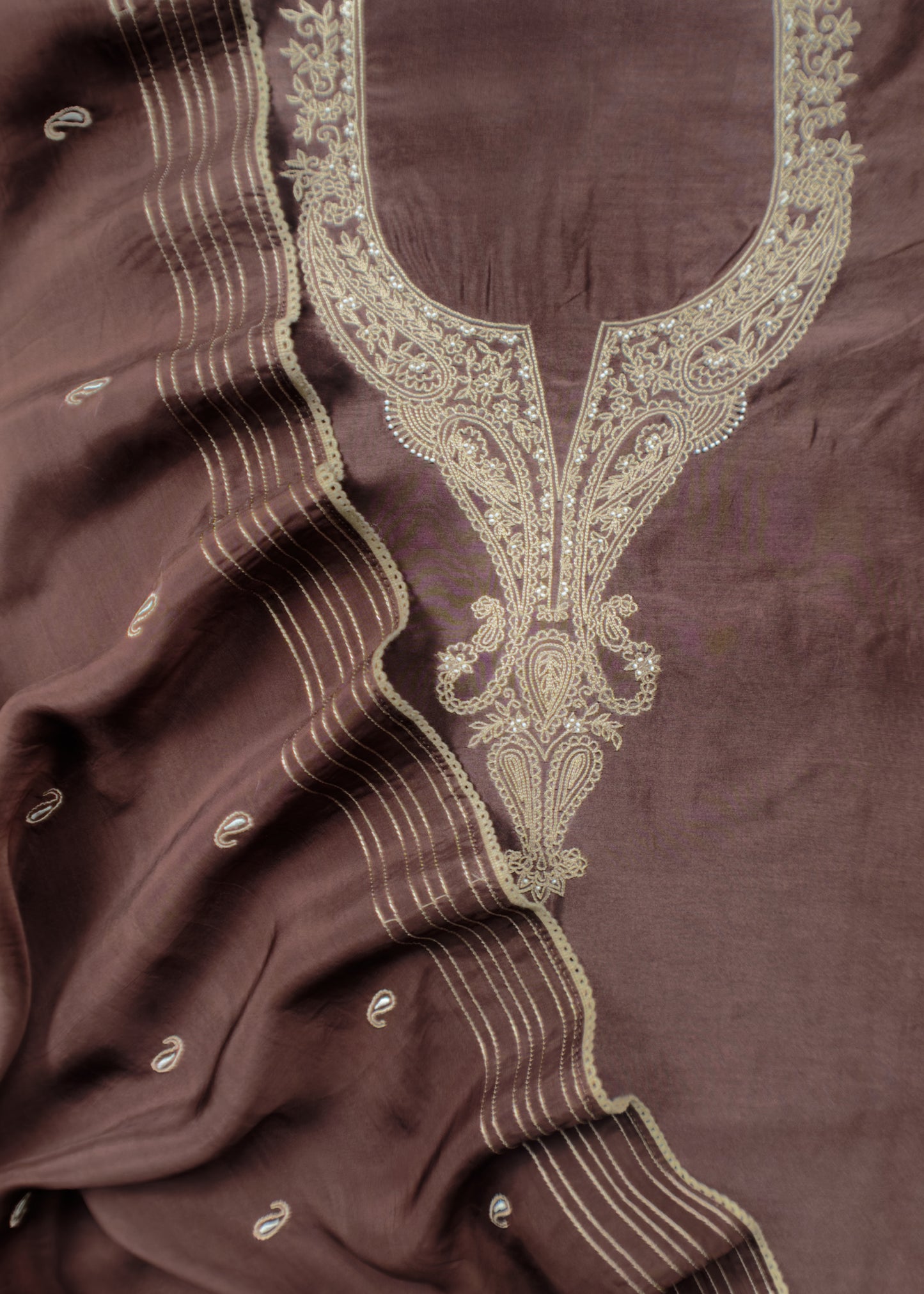 Walnut Brown Handloom Chanderi Unstitched Dupatta-suit with Aari Embroidery