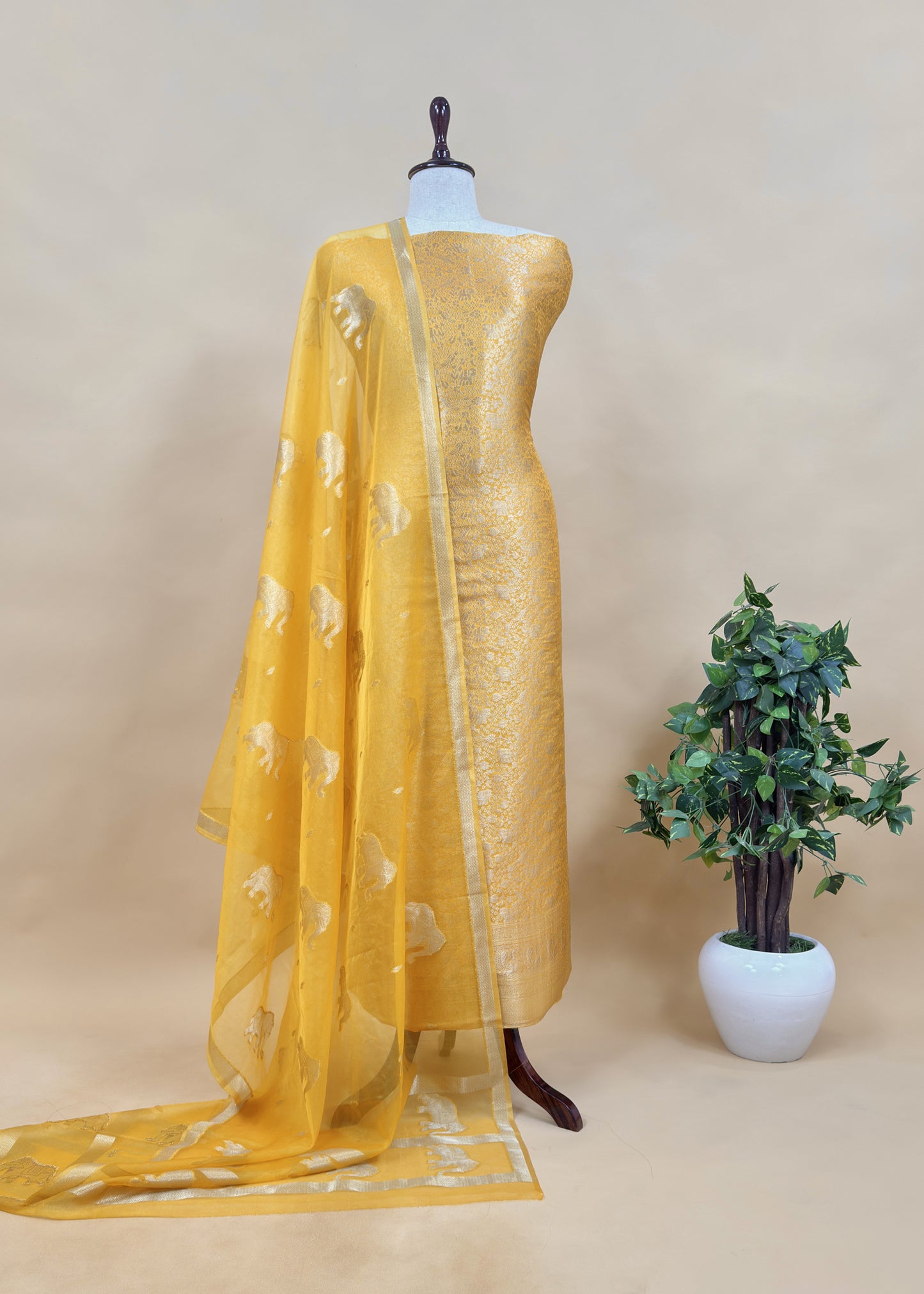 Yellow Banarasi Silk Brocade Suit With Organza Dupatta