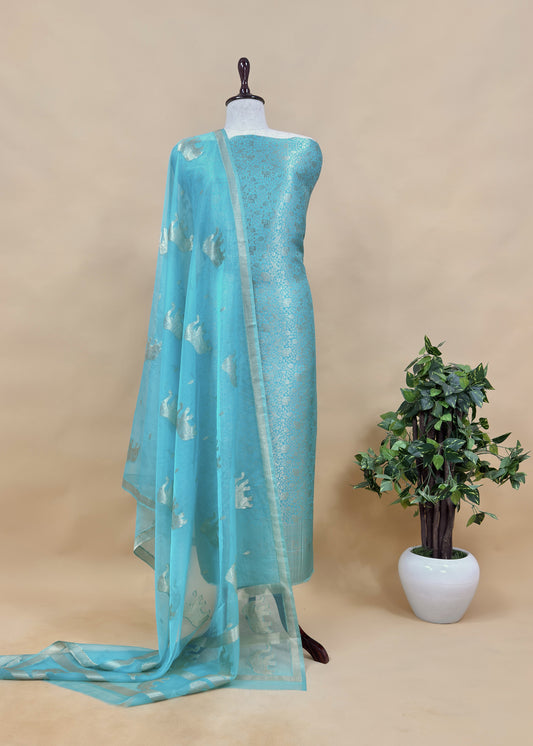 Light Blue Banarasi Silk Brocade Suit With Organza Dupatta