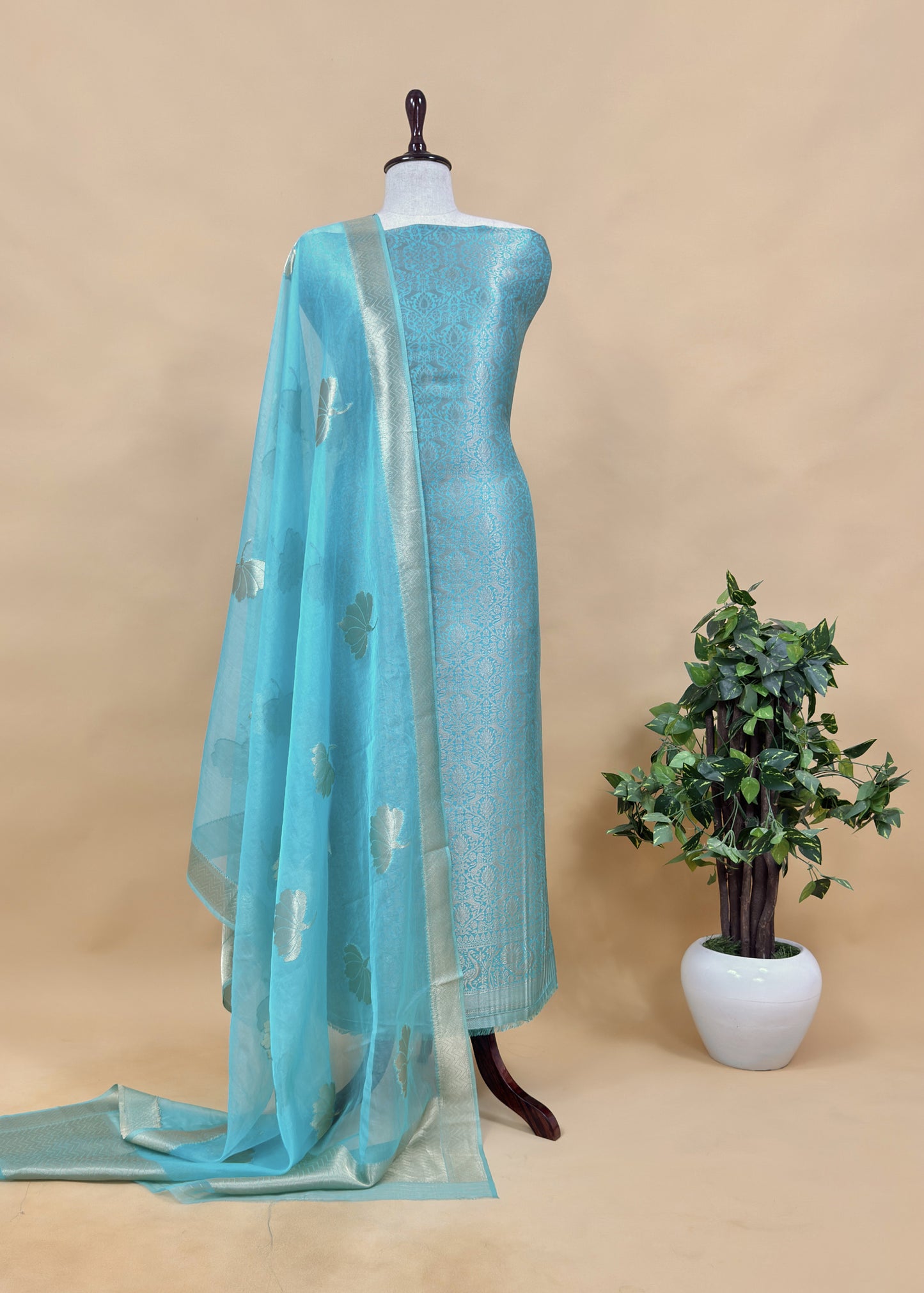 Sky Blue Banarasi Silk Brocade Suit With Organza Dupatta