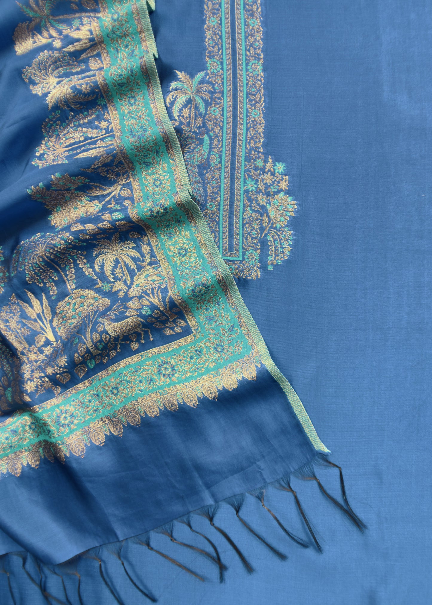 Royal Blue Palm Trees Kani Zari Silk Unstitched Suit