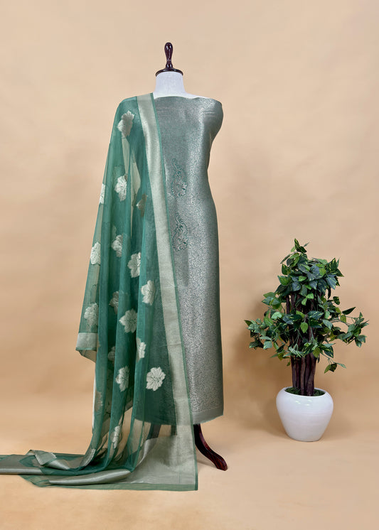 Green Banarasi Silk Brocade Suit With Organza Dupatta