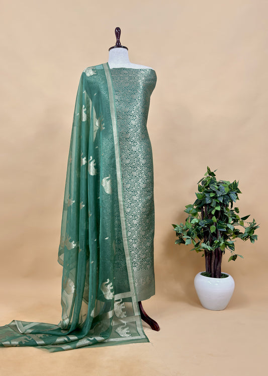 Green Banarasi Silk Brocade Suit With Organza Dupatta