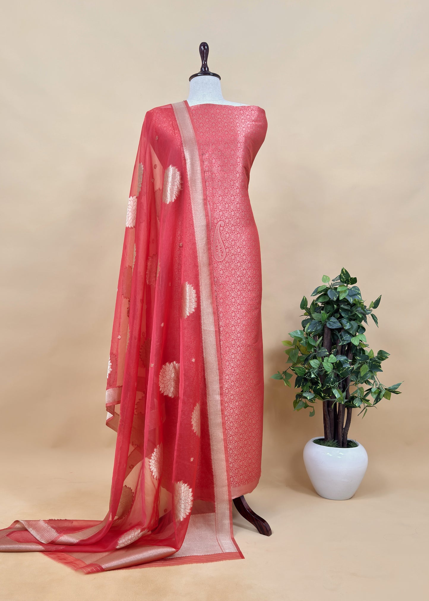 Red Banarasi Silk Brocade Suit With Organza Dupatta