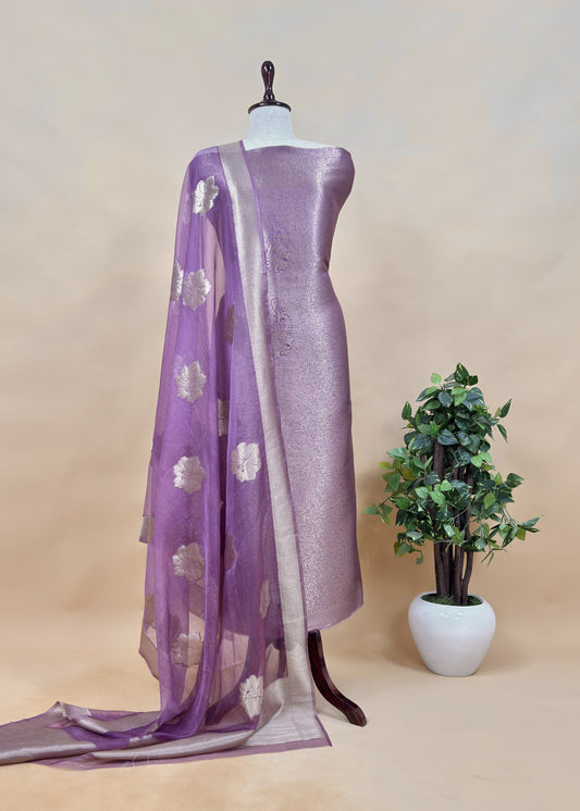 Light Purple Banarasi Silk Brocade Suit With Organza Dupatta