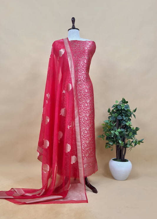 Red Banarasi Silk Brocade Suit With Organza Dupatta