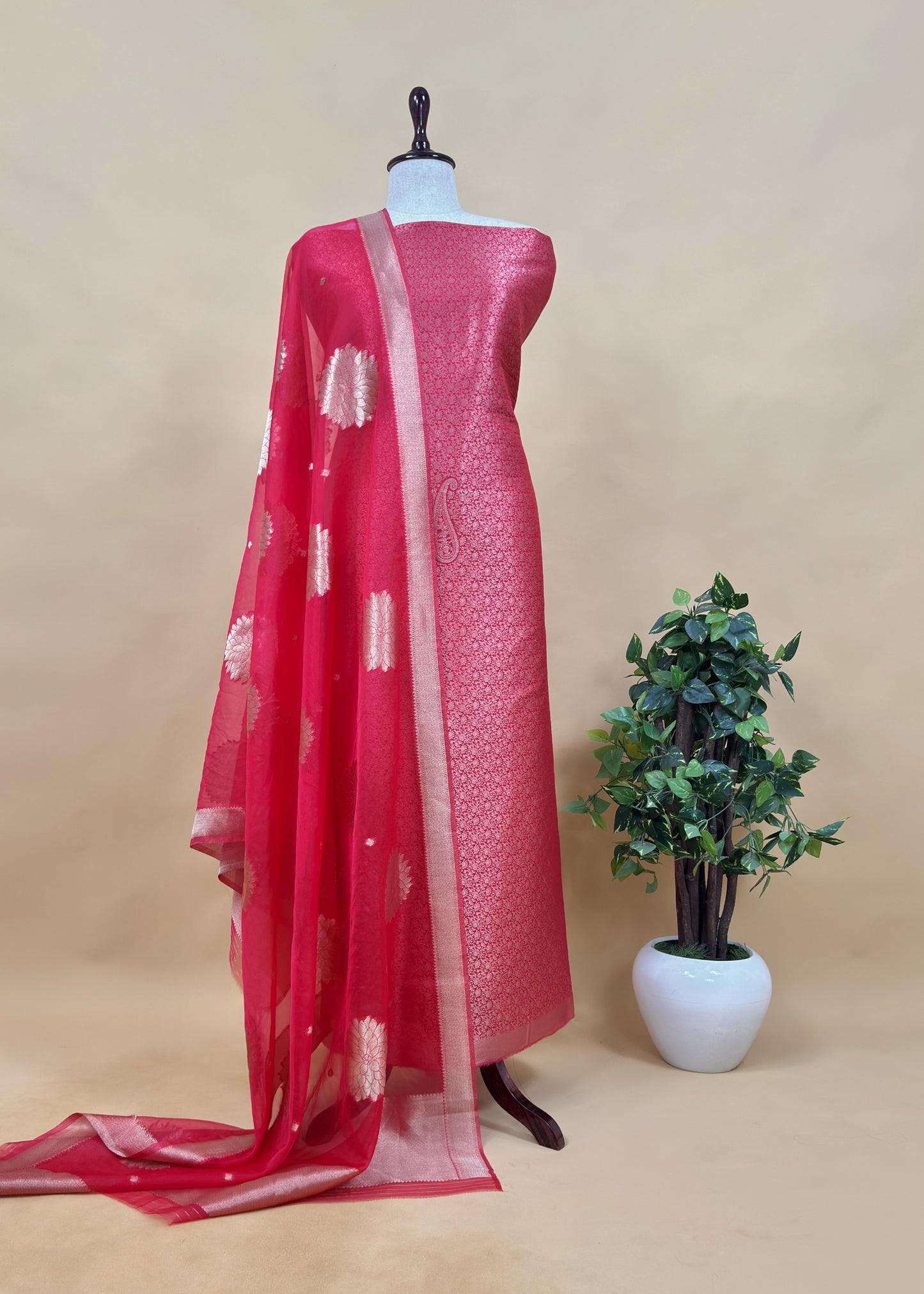 Red Banarasi Silk Brocade Suit With Organza Dupatta