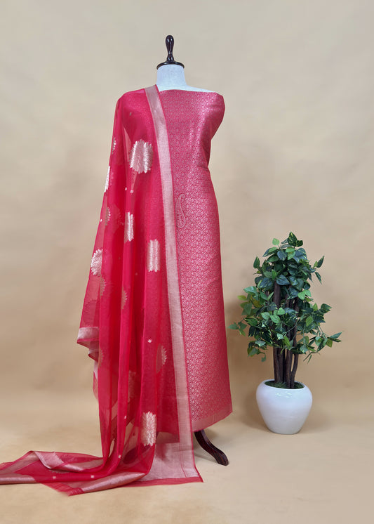 Red Banarasi Silk Brocade Suit With Organza Dupatta