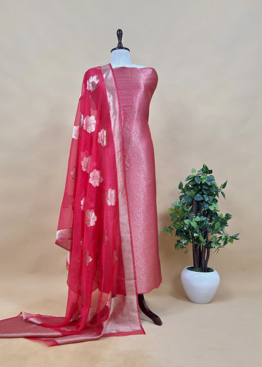 Red Brocade Kurta With Organza Dupatta