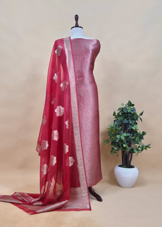 Red Banarasi Silk Brocade Suit With Organza Dupatta