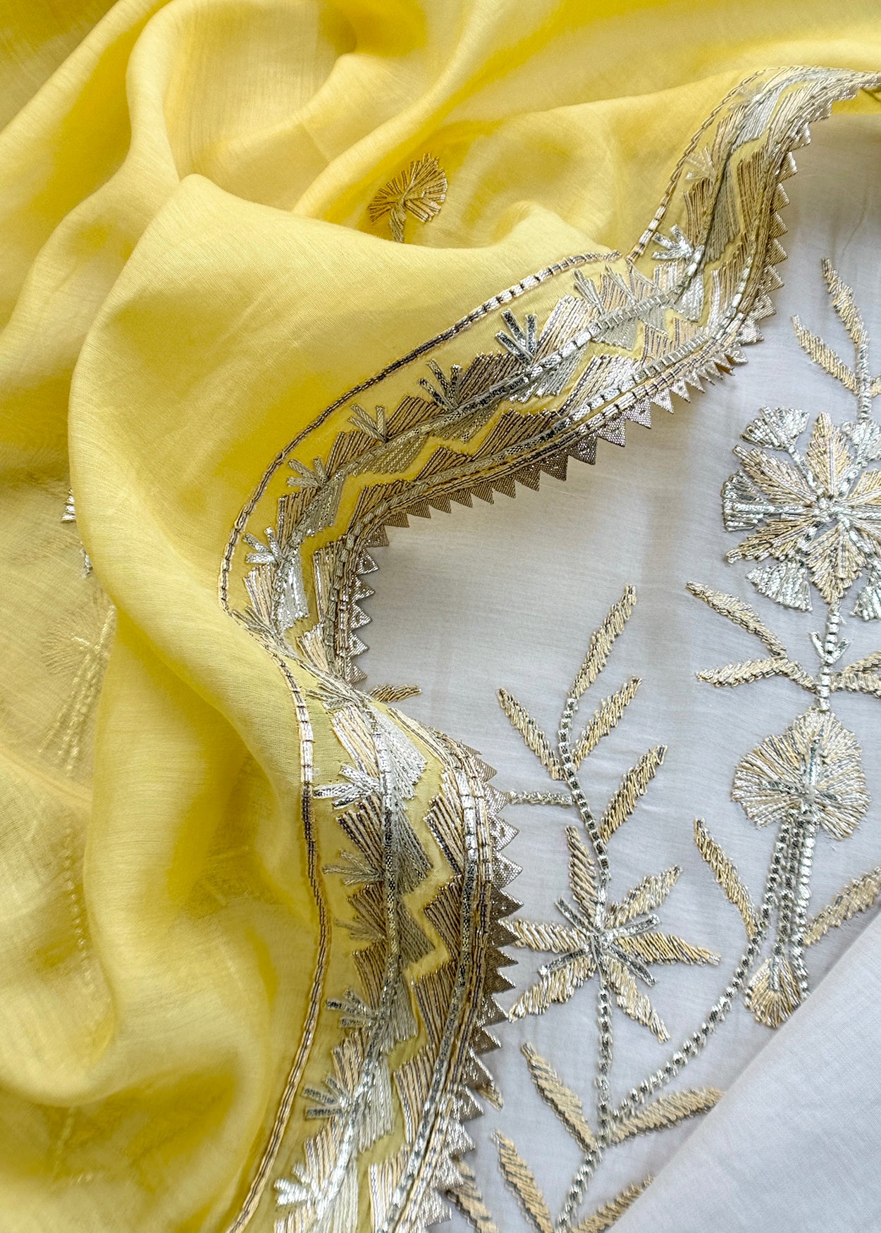 White And Yellow Pure Mulmul Suit With Gota Patti Hand Embroidery