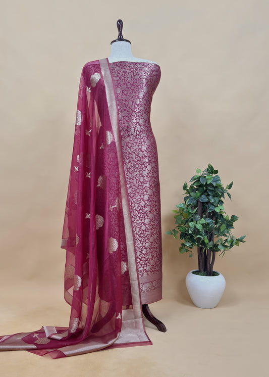 Redish Pink Brocade Kurta With Organza Dupatta