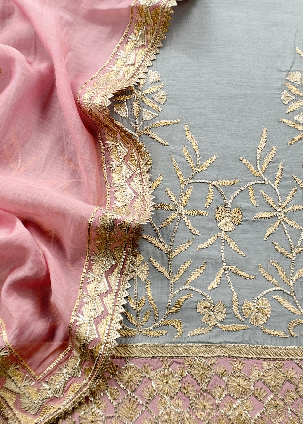 Blue And Pink Pure Mulmul Suit With Gota Patti Hand Embroidery