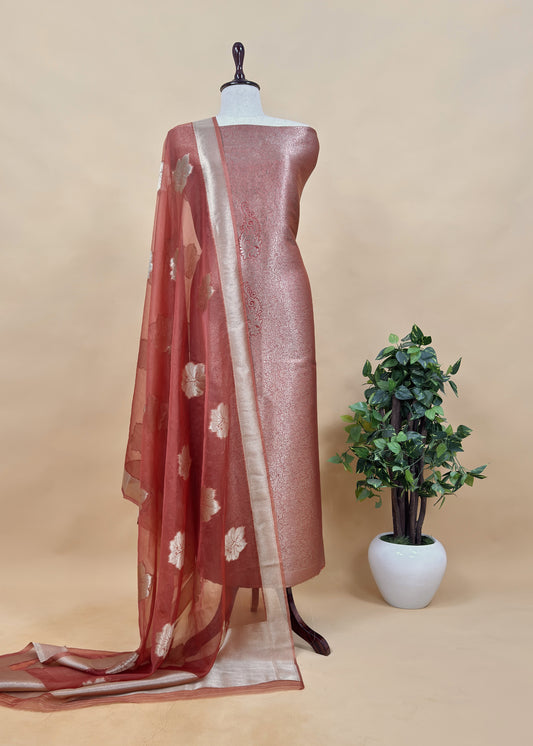 Brown Banarasi Silk Brocade Suit With Organza Dupatta