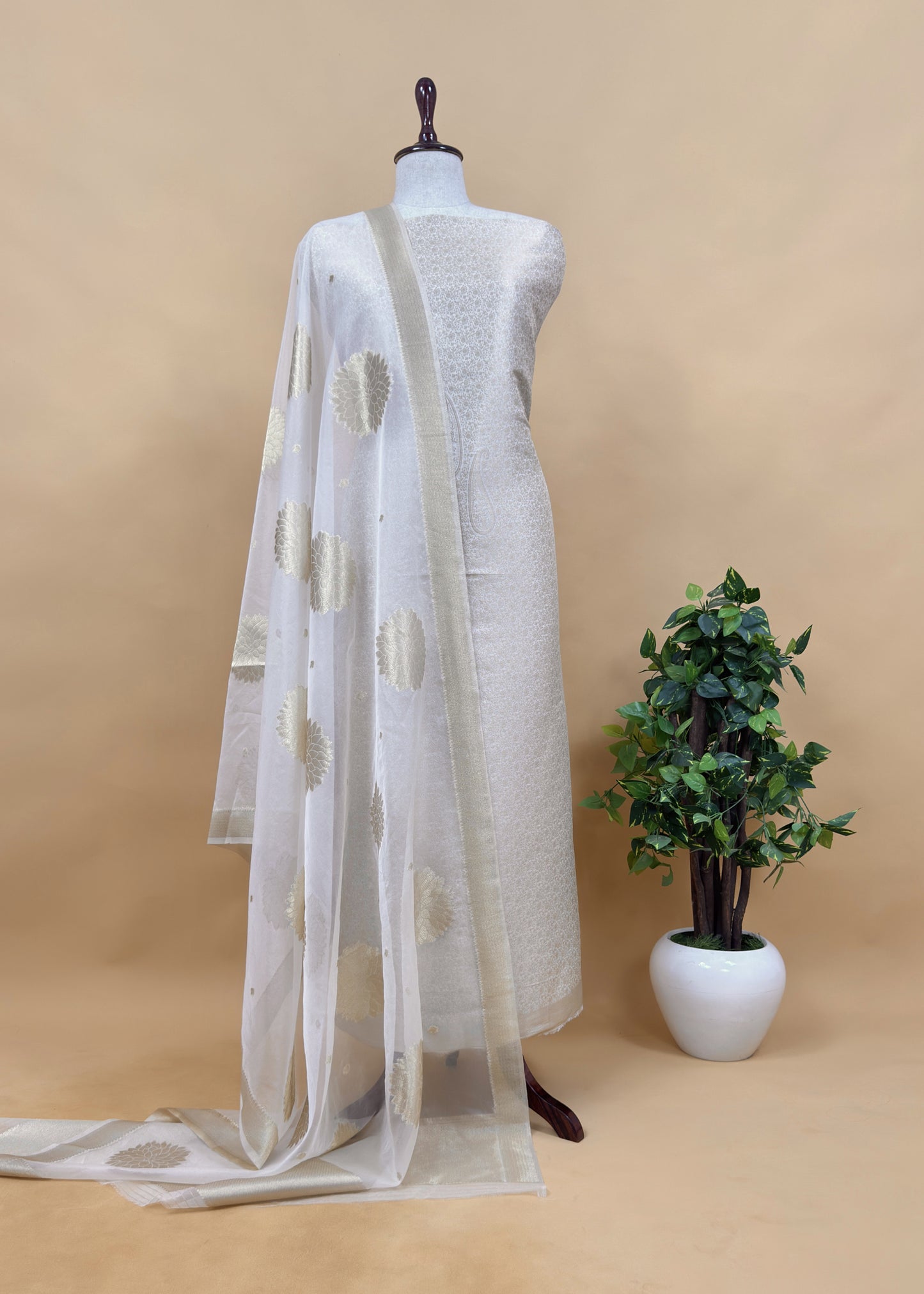 Off White Banarasi Silk Brocade Suit With Organza Dupatta
