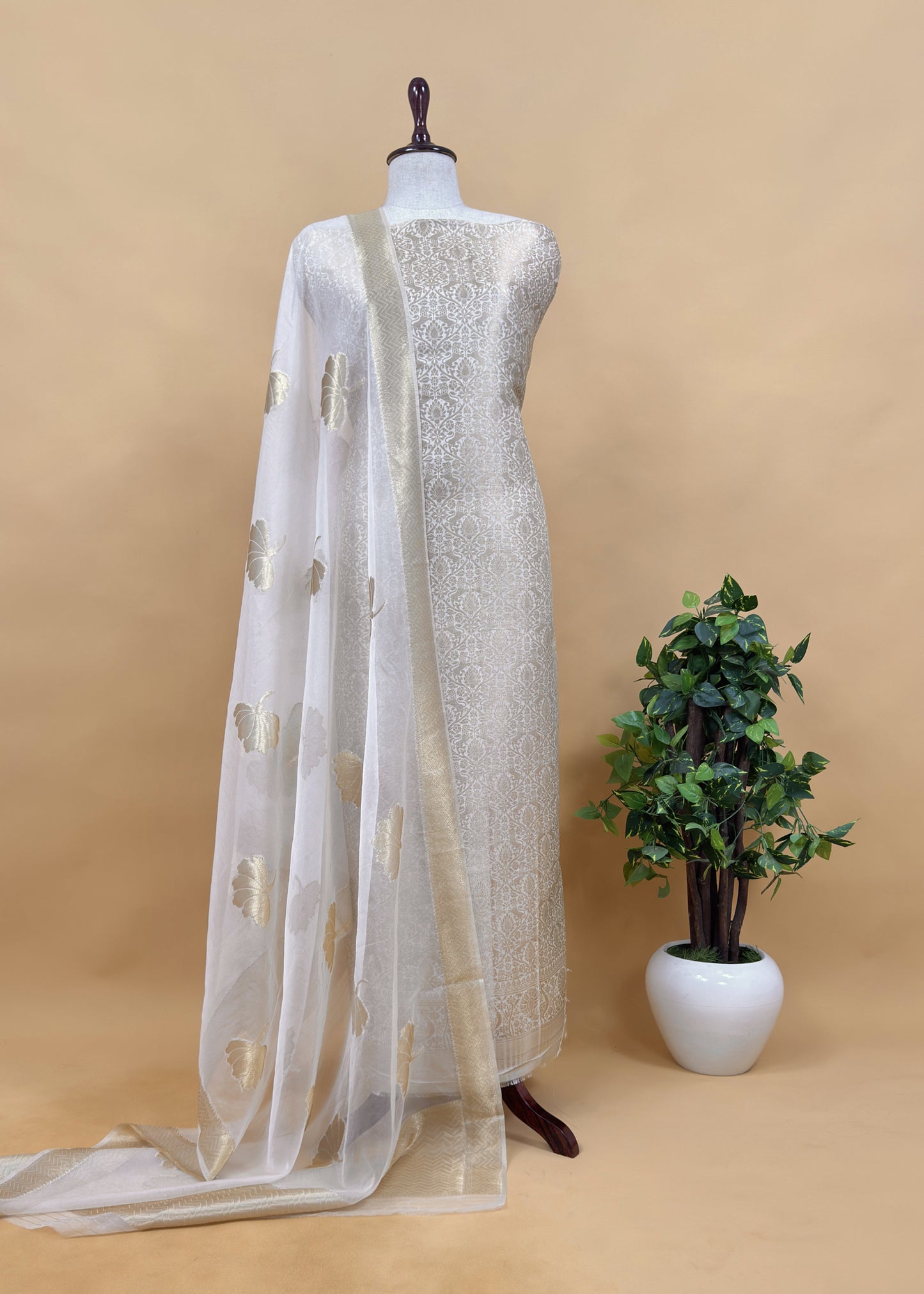 Off White Banarasi Silk Brocade Suit With Organza Dupatta