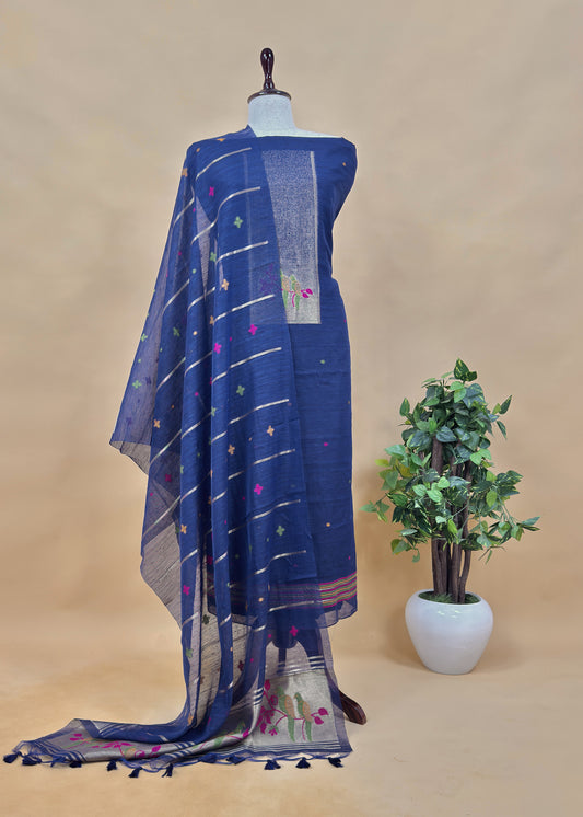 Blue ani Woven Unstitched Suit With Paithani Work