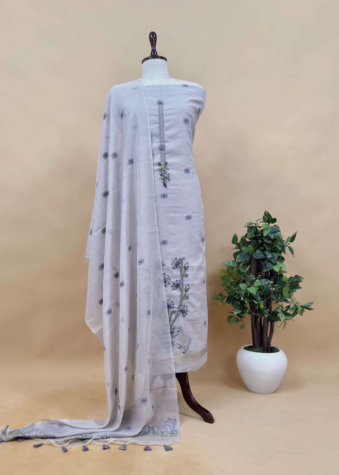 Chikoo Kantha Embroidered Pichwai Suit With Jamdani Weaving