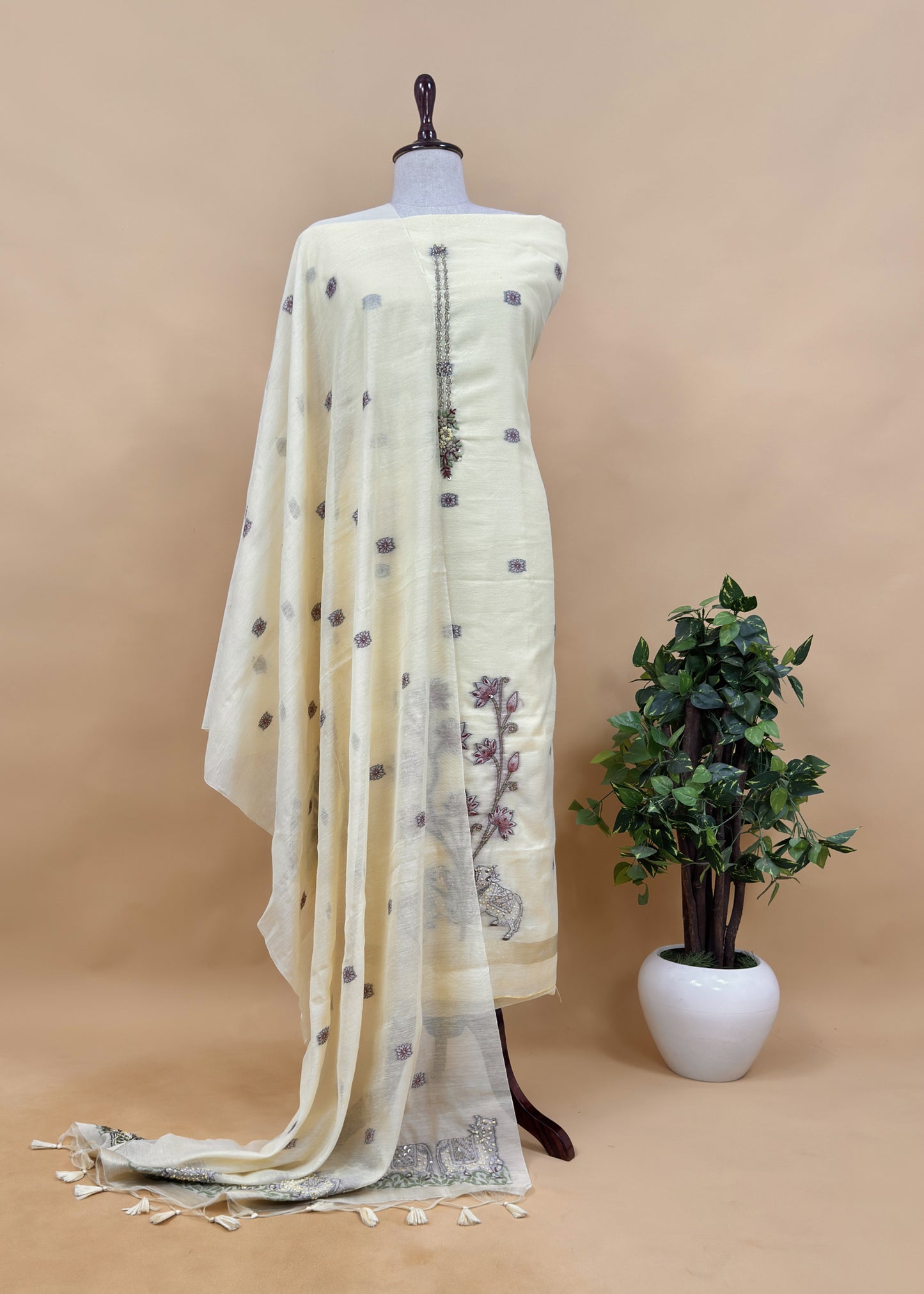Chikoo Kantha Embroidered Pichwai Suit With Jamdani Weaving