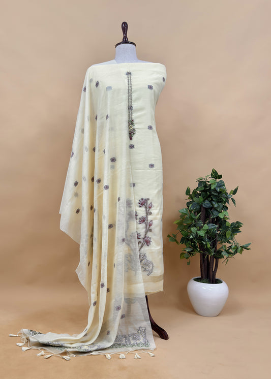 Pastel Yellow Kantha Embroidered Pichwai Suit With Jamdani Weaving