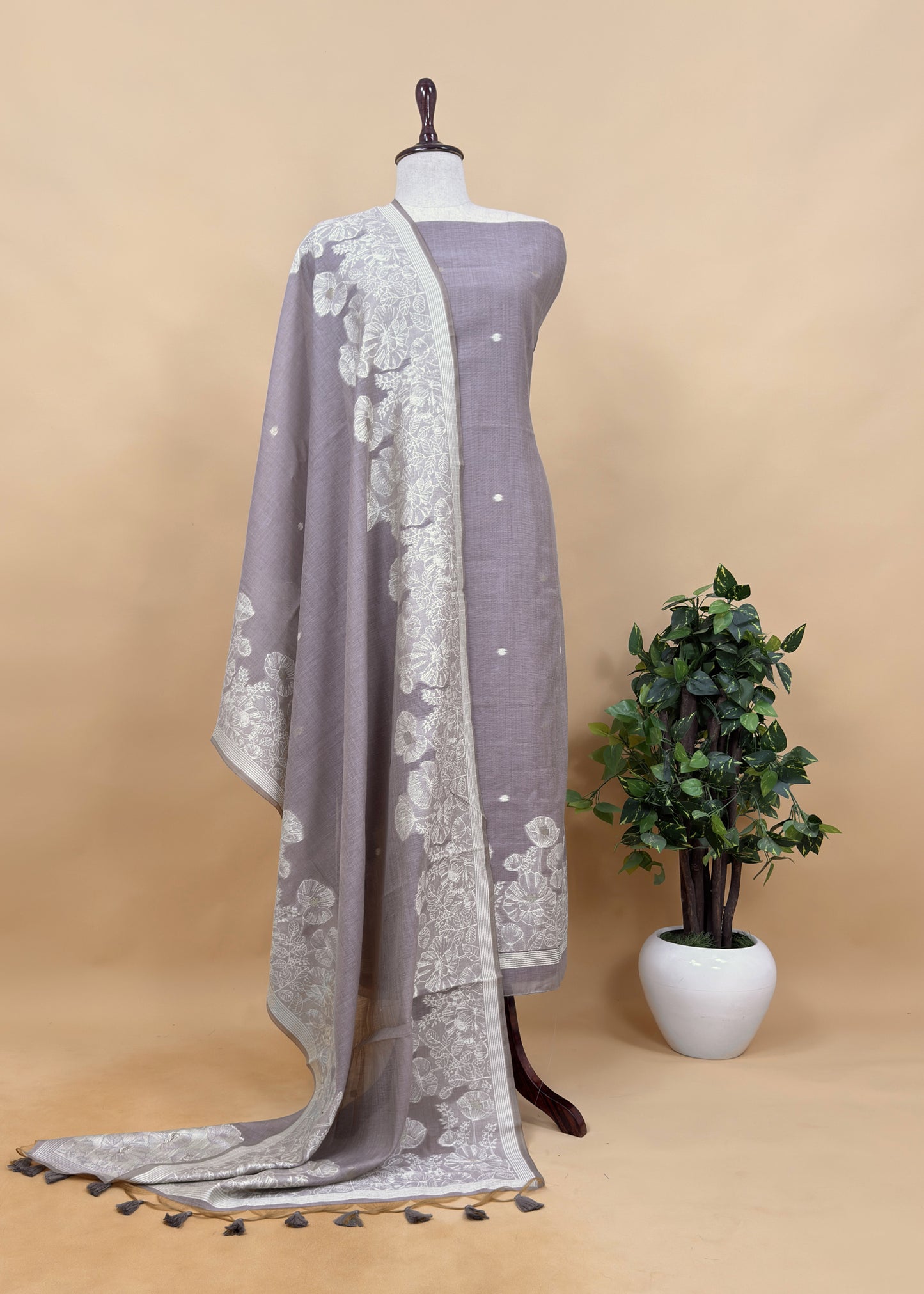 Pink Floral Jamdani Weaved Unstitched Suit In Linen Chanderi