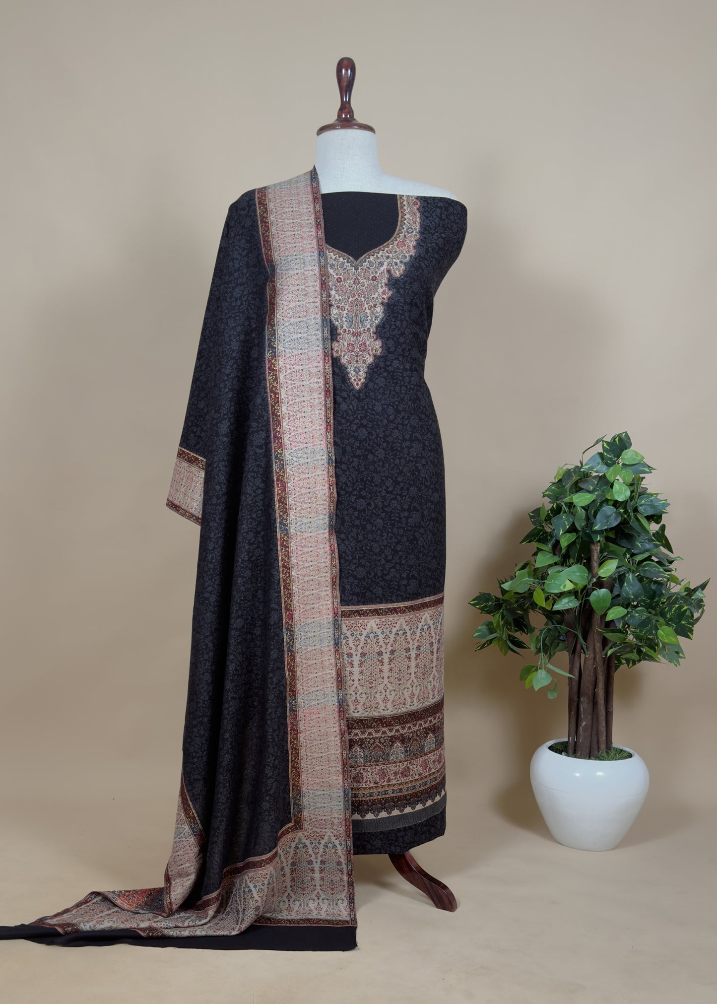 Black Pashmina Unstitched Suit With Kani Weaving
