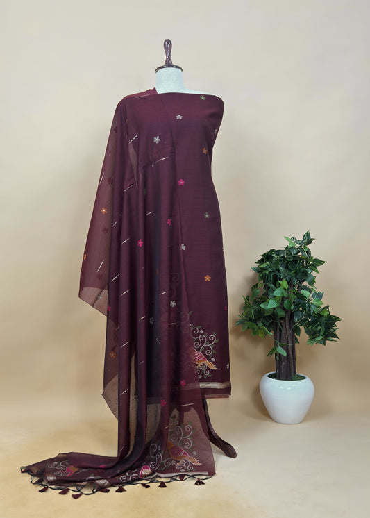 Brown Linen Chanderi Unstitched Suit With Jamdani Weaving