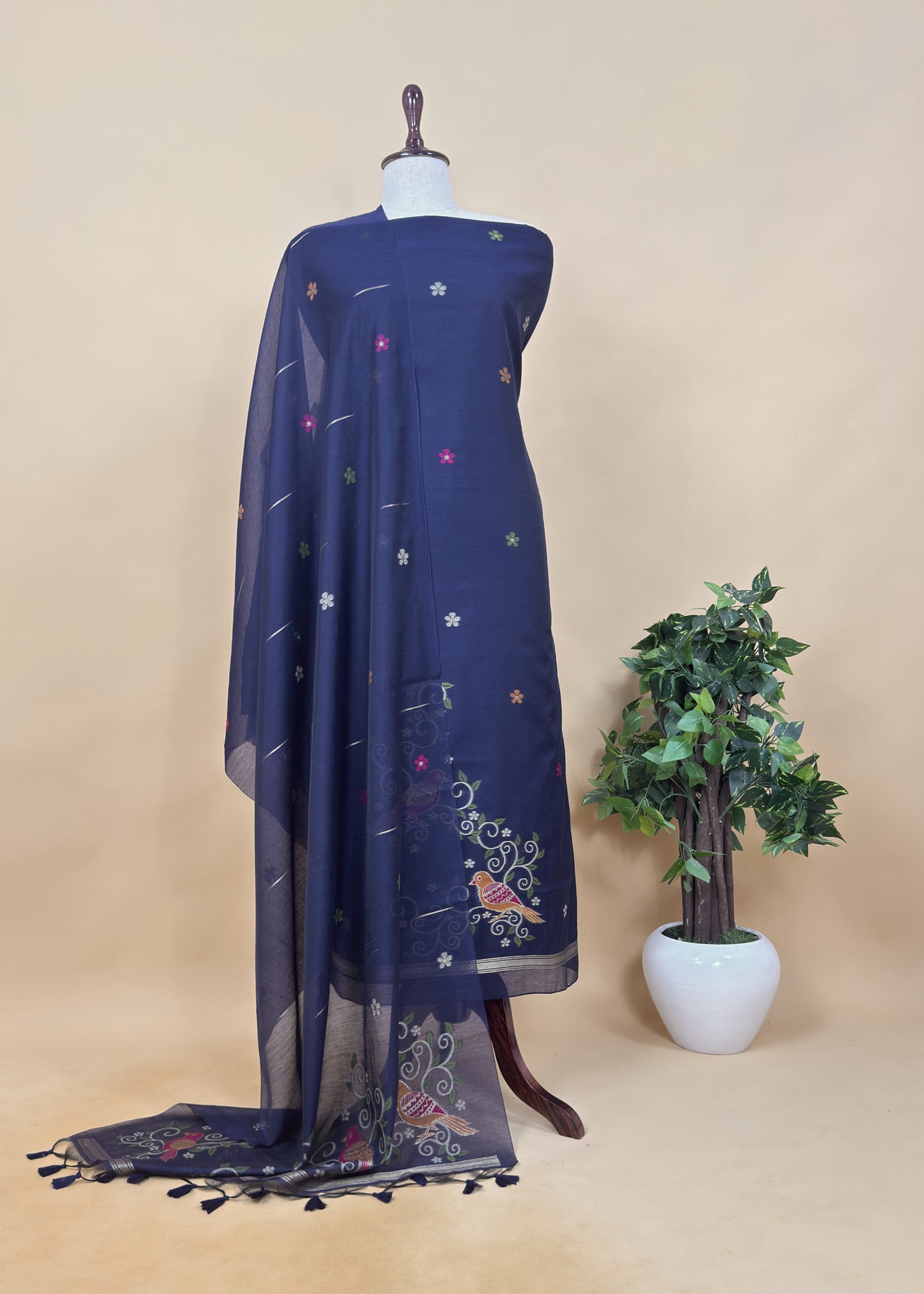 Green Linen Chanderi Unstitched Suit With Jamdani Weaving