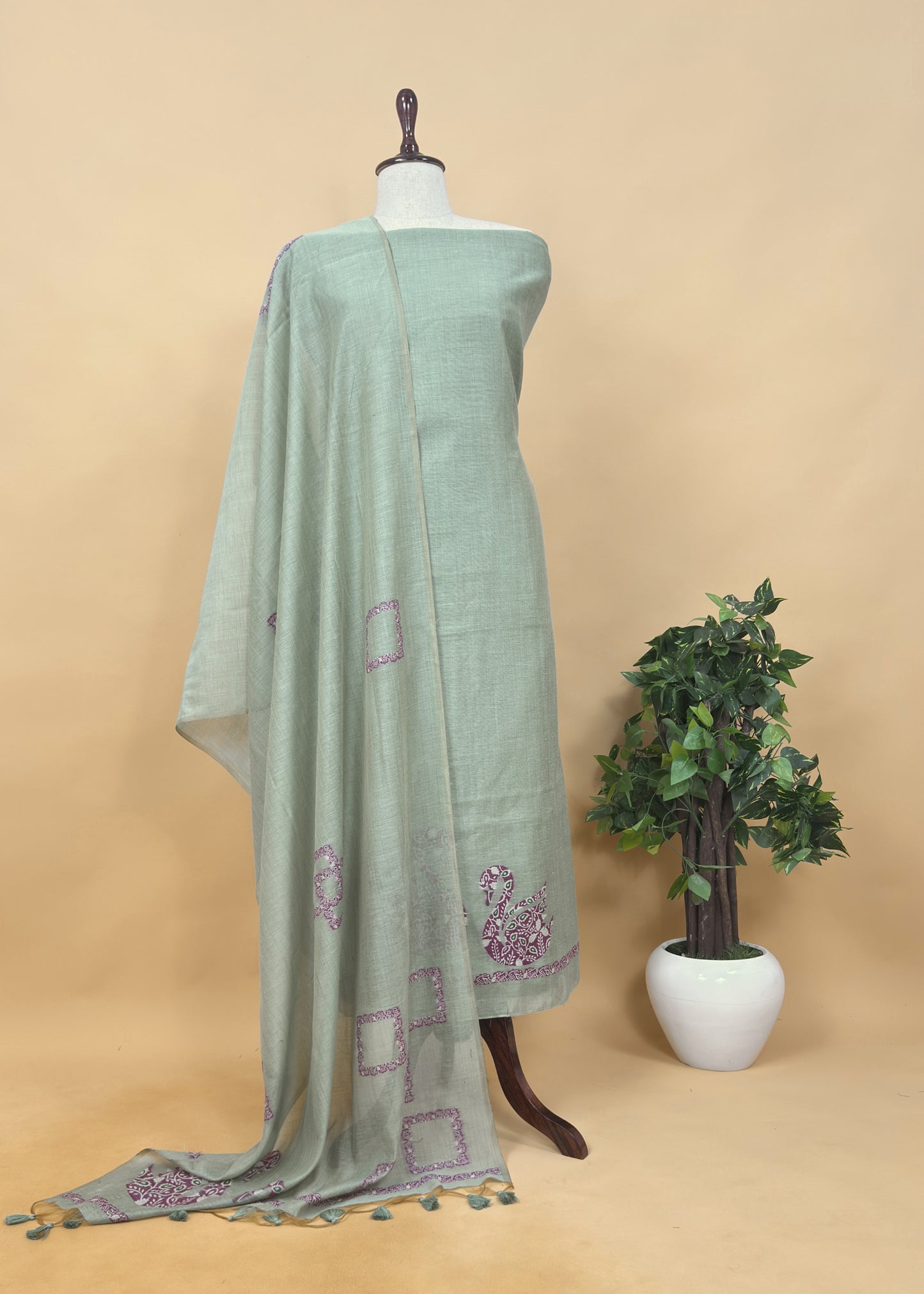 Blue Linen Chanderi Suit Fabric With Traditional Jamdani Weaving
