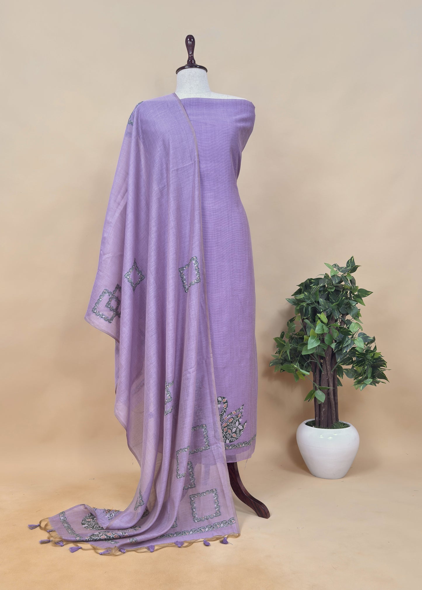 Blue Linen Chanderi Suit Fabric With Traditional Jamdani Weaving