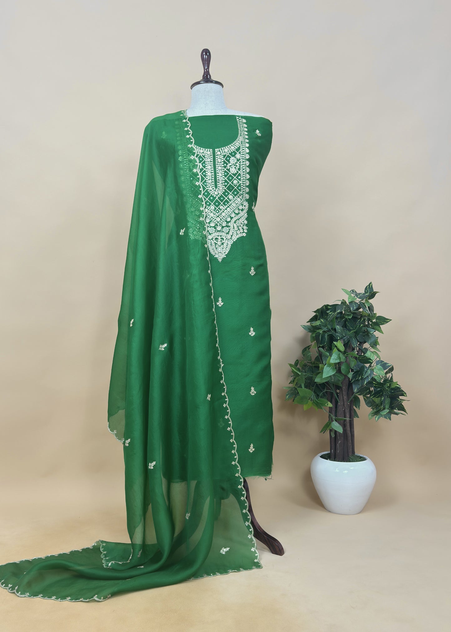 Zoya green Handloom Kora Silk Suit Fabric with Pitta Handwork