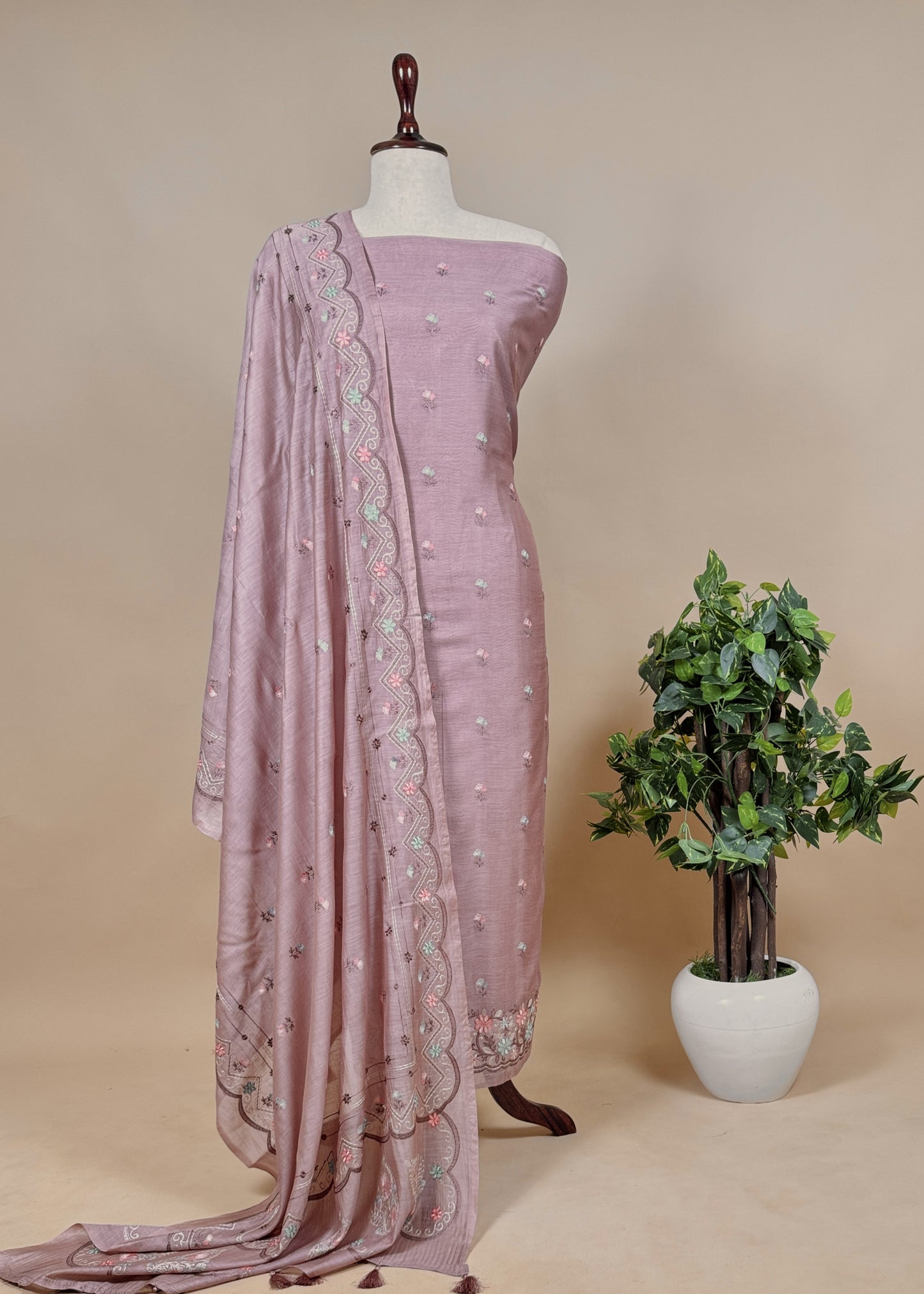 Phool-Patti Embroidered Handloom Chanderi Unstitched Dupatta Suit