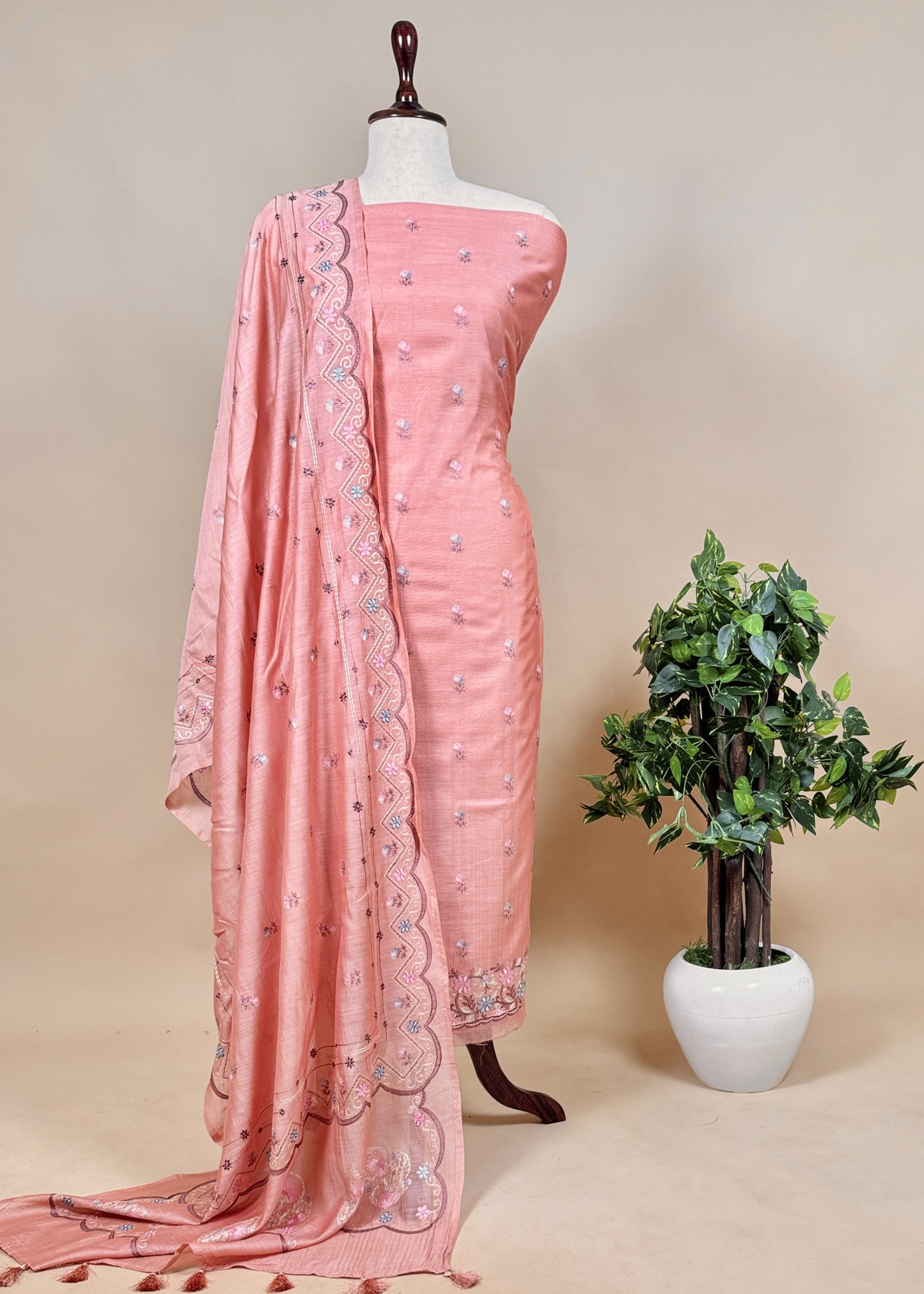 Brown Phool-Patti Embroidered Handloom Chanderi Unstitched Dupatta suit