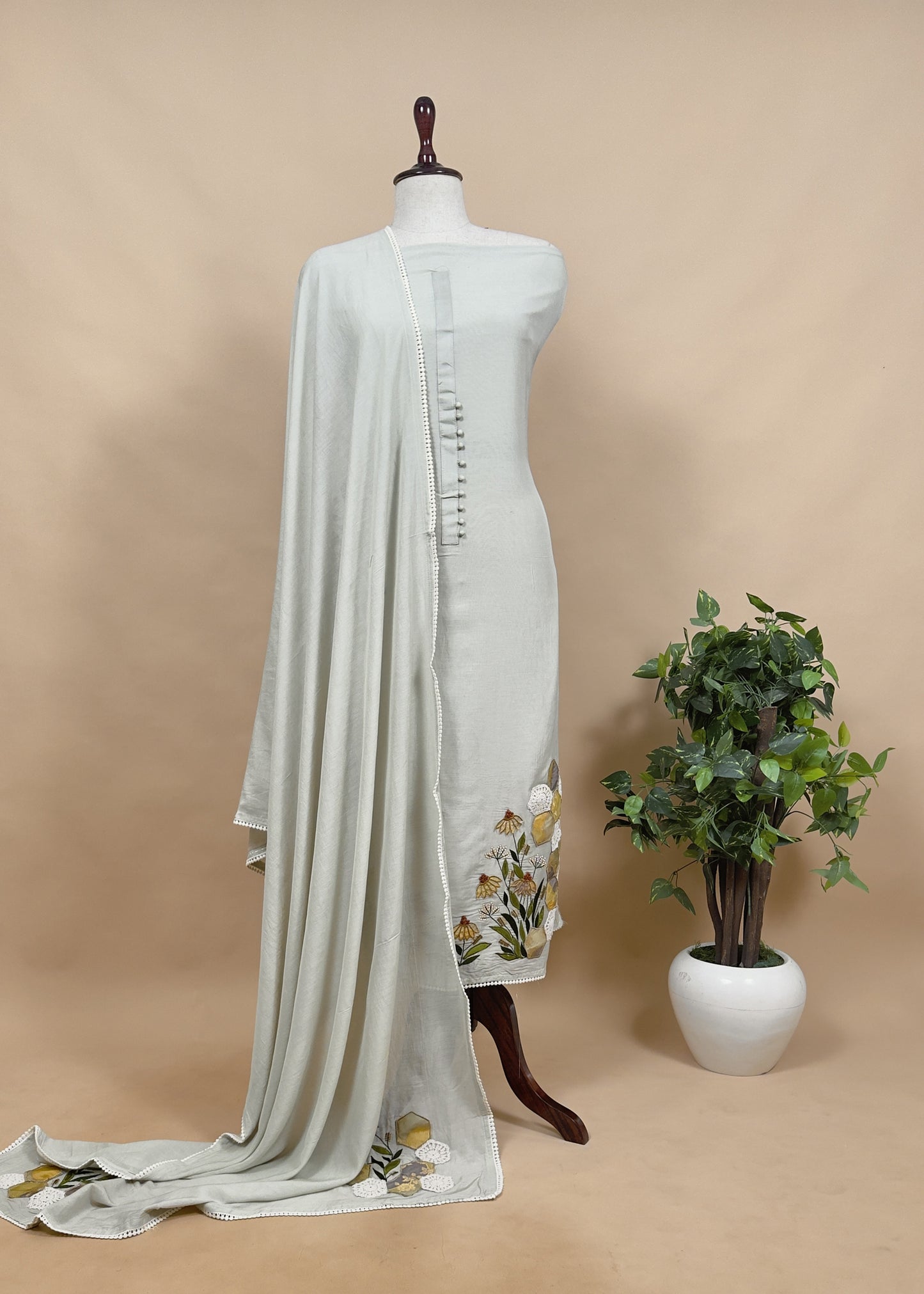 Blue Mul Summer Suit With Appliqué Work
