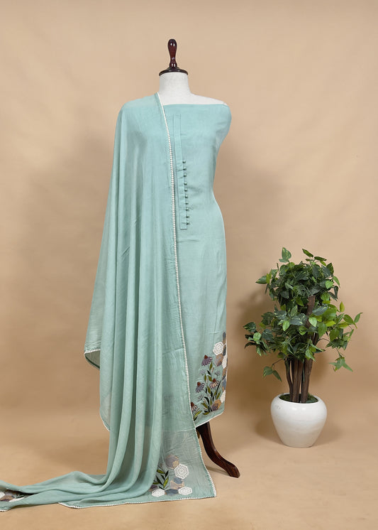 Blue Mul Summer Suit With Appliqué Work