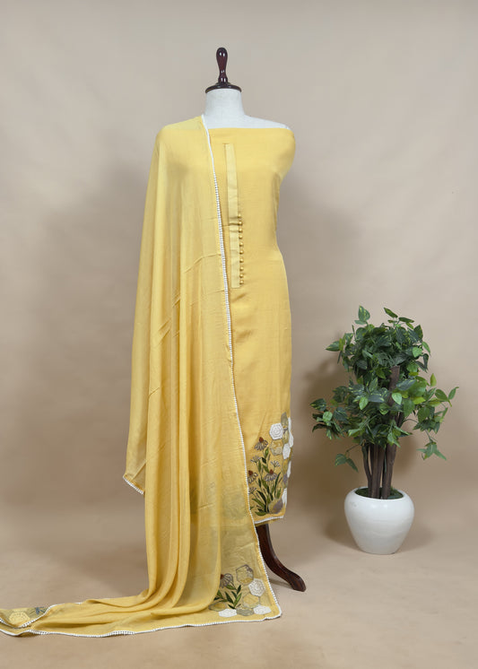Light Yellow Mul Summer Suit With Appliqué Work