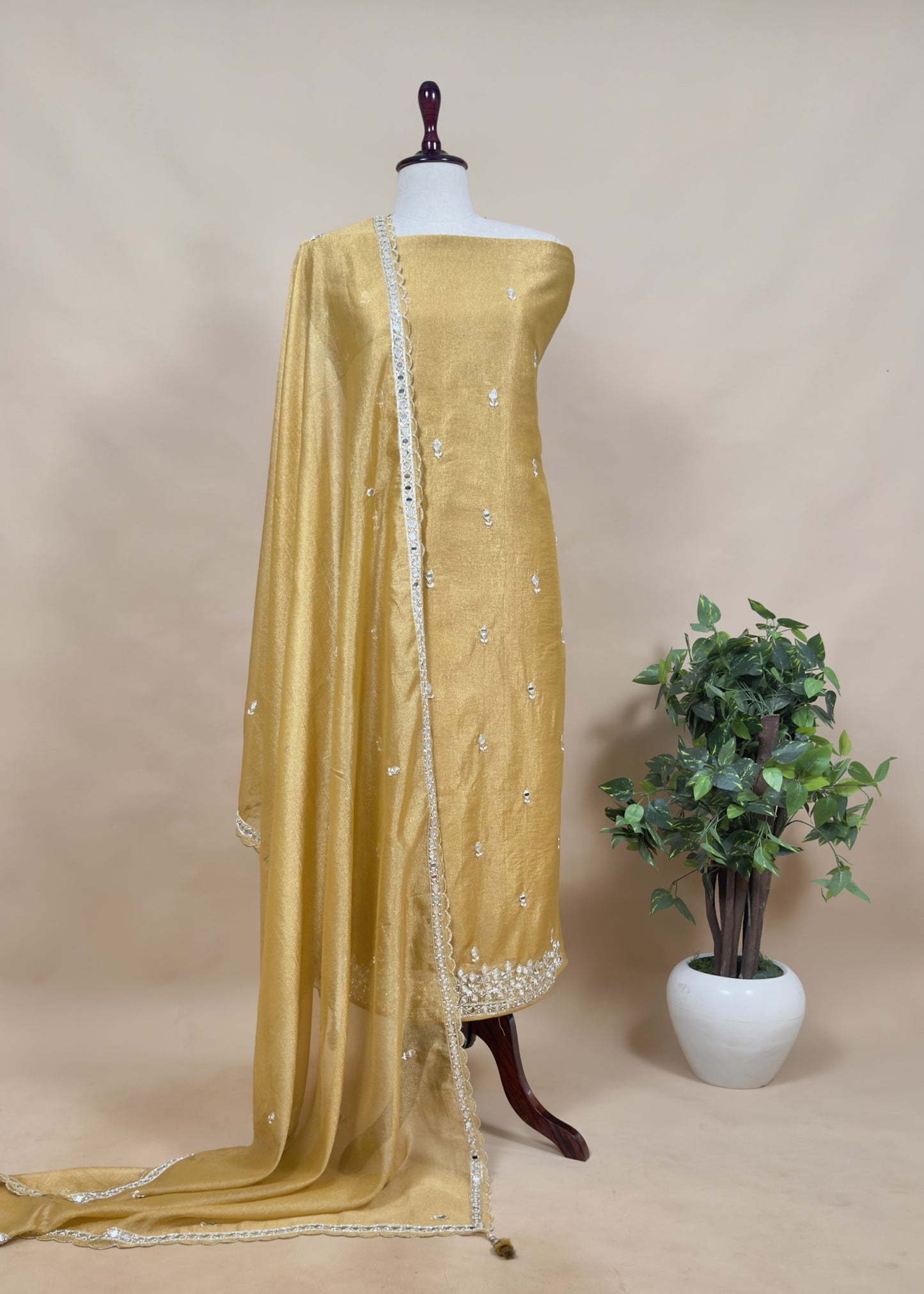Gold Pure Tissue Silk Unstitched Suit with Real Mirrors Handwork