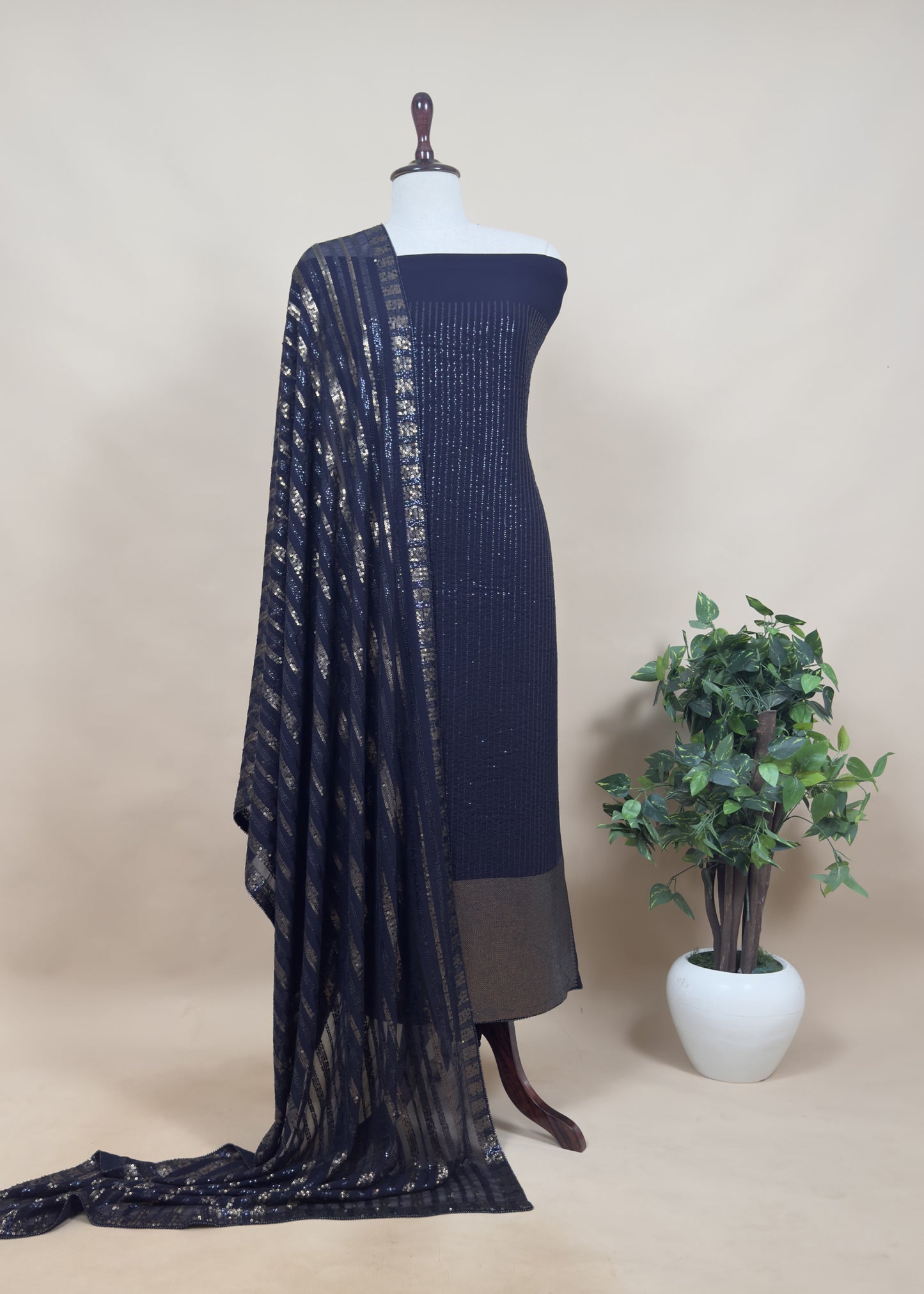 Classy Midnight Blue Sequin Pure Georgette Unstitched Suit