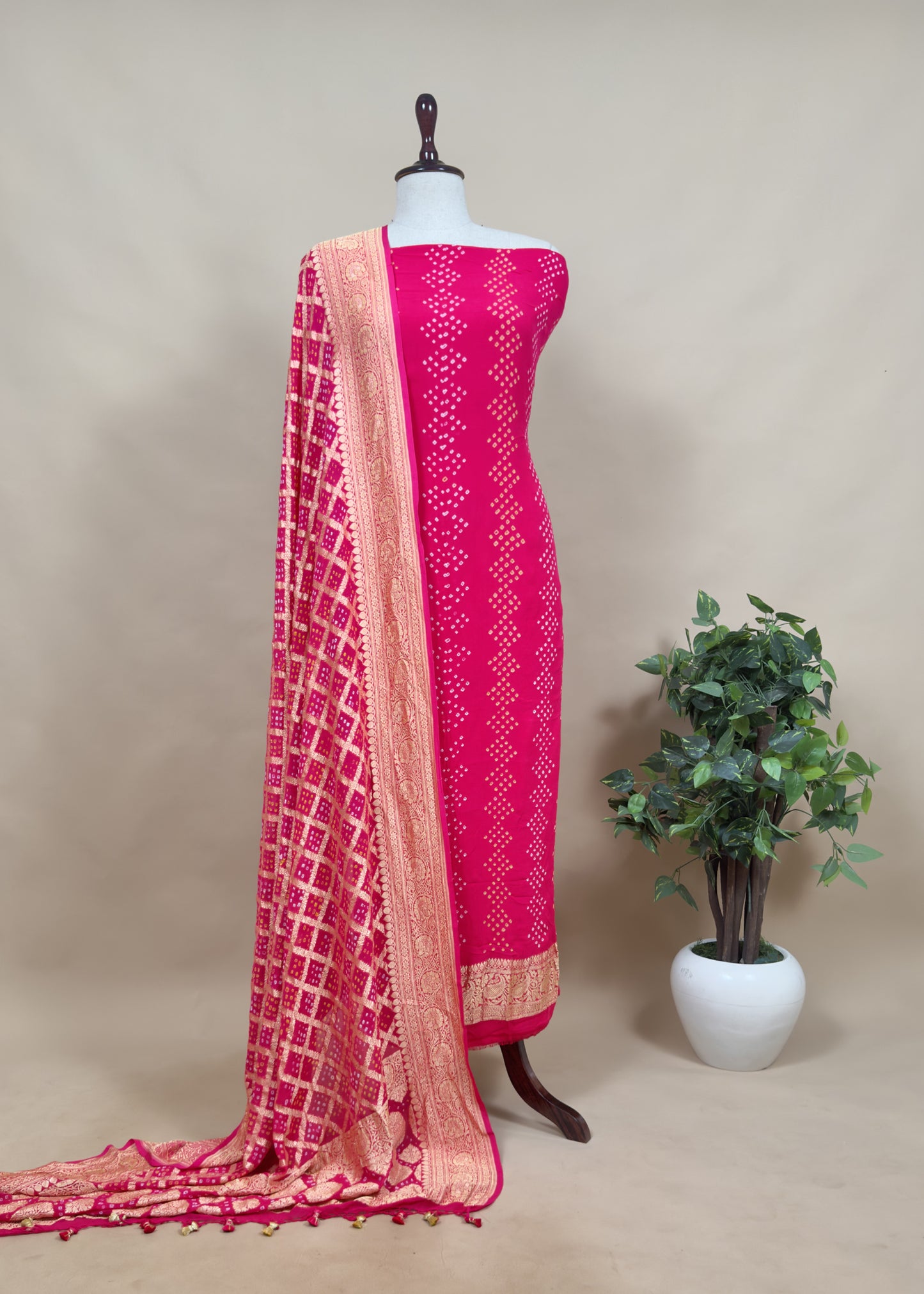 Blue Pure Khaddi Georgette Suit Fabric With Gharchola Bandhini Dupatta