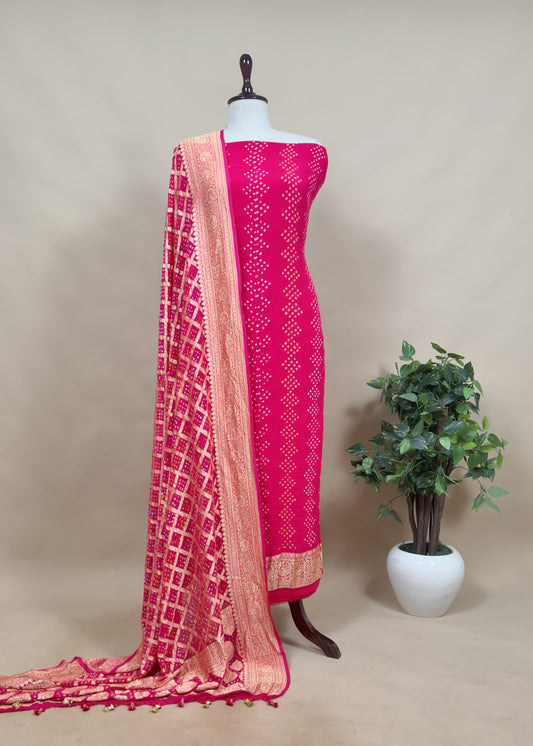 Pink Pure Khaddi Georgette Suit Fabric With Gharchola Bandhani Dupatta