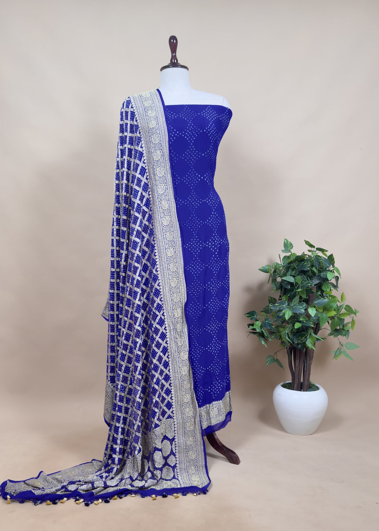 Blue Pure Khaddi Georgette Suit Fabric With Gharchola Bandhini Dupatta