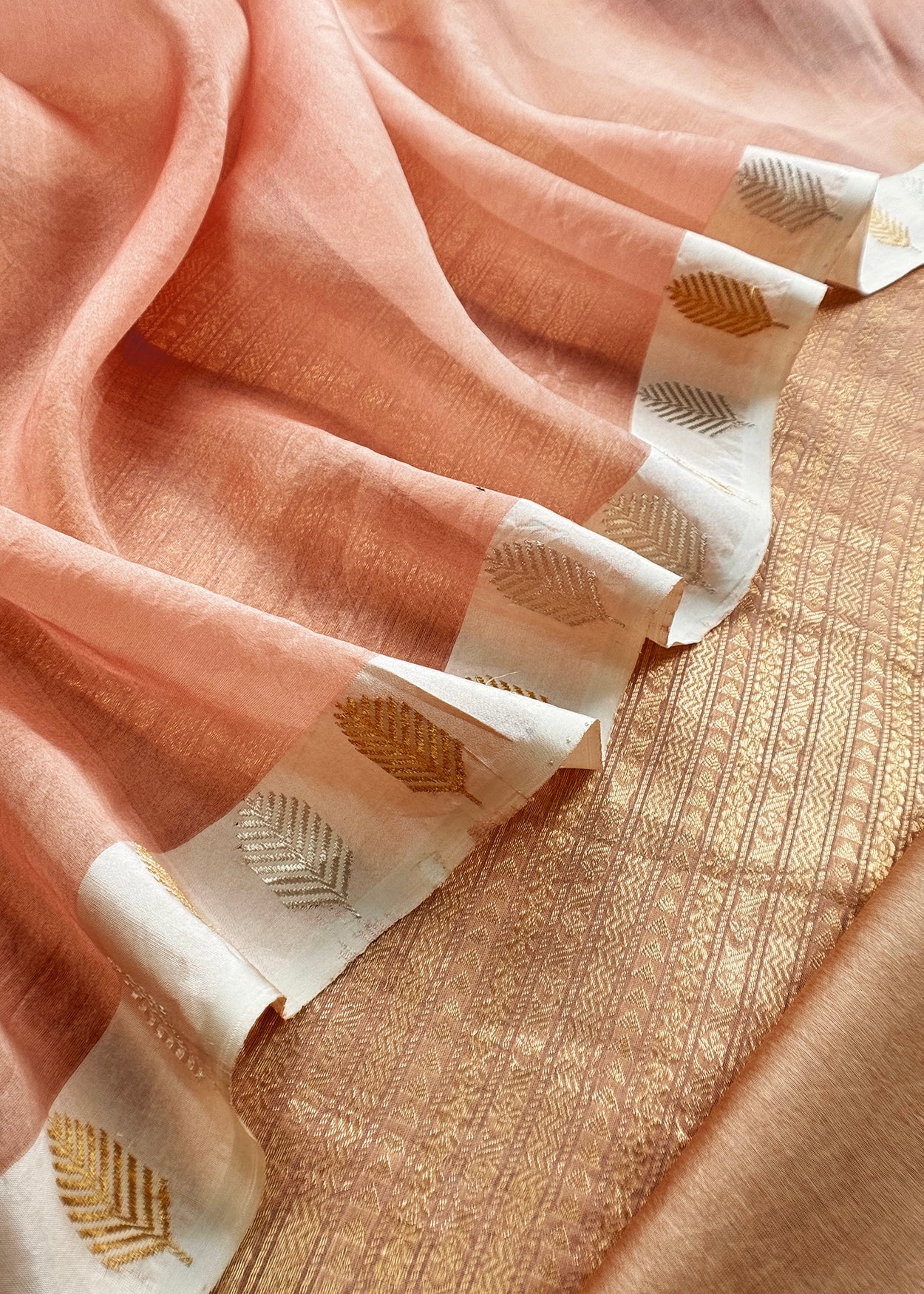 Golden With Peach Tissue Brocade With Kora Silk Dupatta