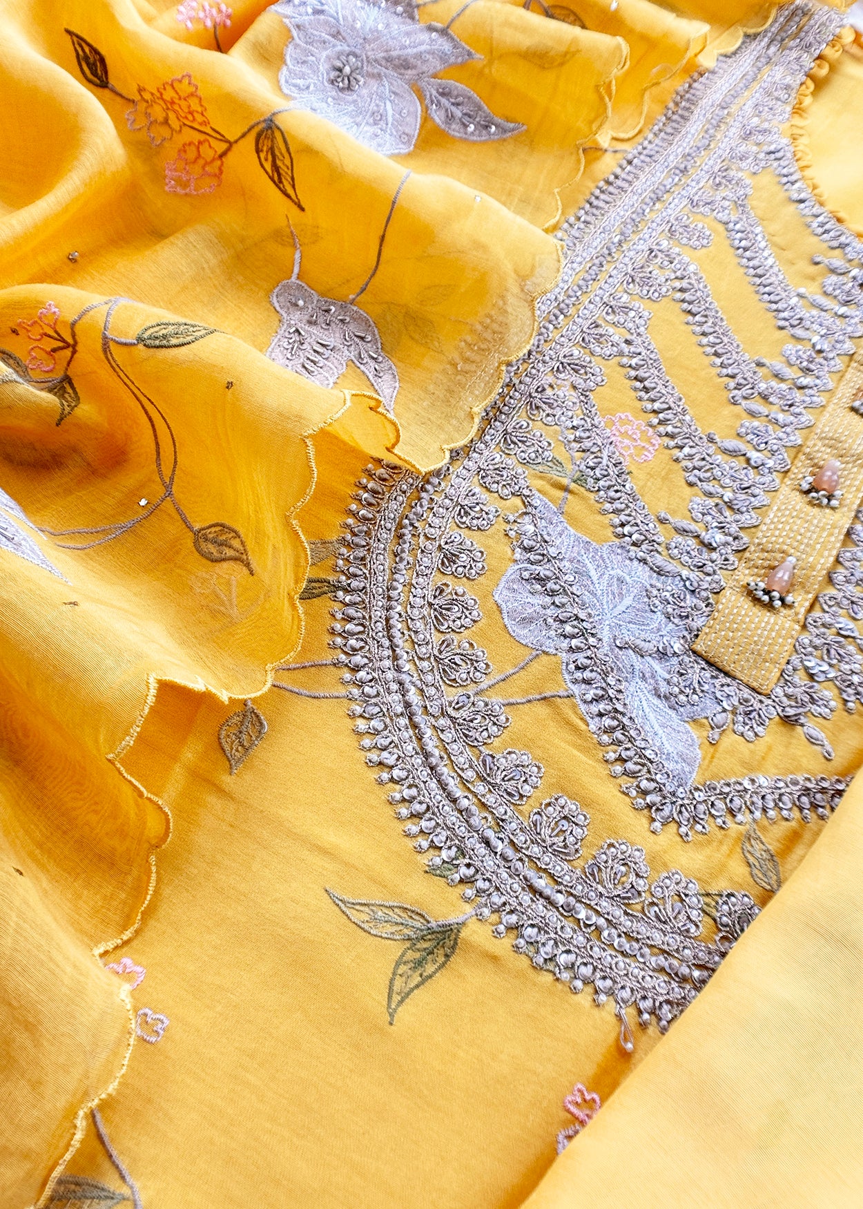 Mango Yellow Pure Silk Suit with Floral Embroidery and Handwork