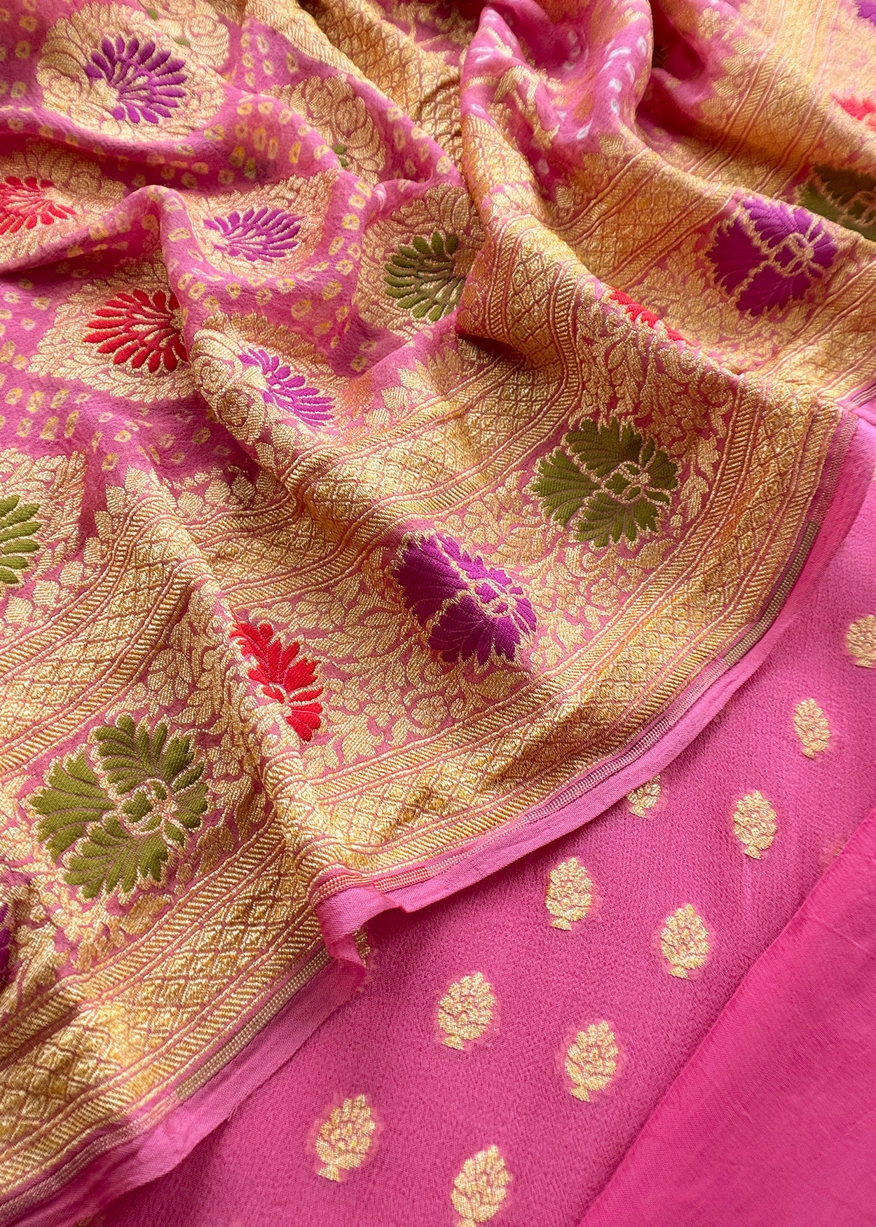 Luxe Taffy Pink Khaddi Georgette Suit Fabric With Mughal Meenakari Weaving
