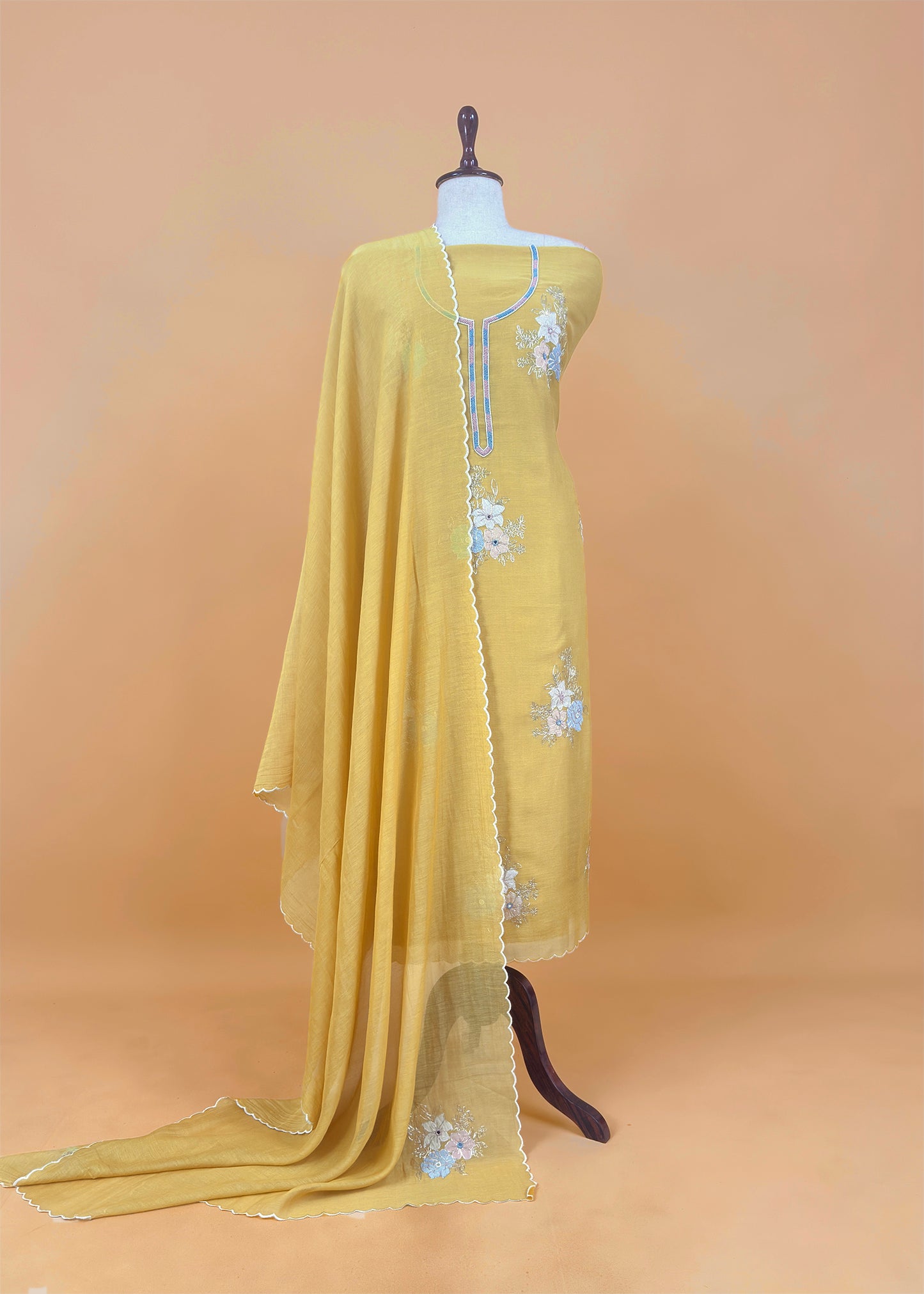 Beige Pure Mul Unstitched Suit Fabric With Pitta, Appliqué And Cutdana Handwork