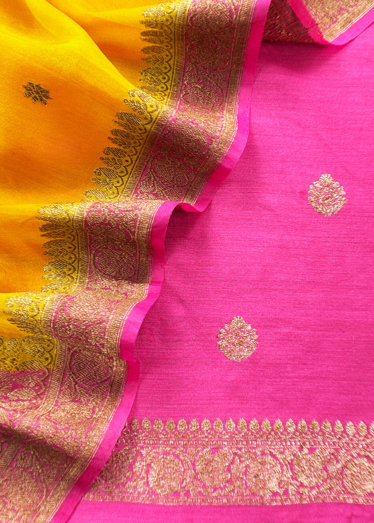 Pink Handloom Raw Silk Kurta And Kora Silk Dupatta With Gold Kadwa Weaving