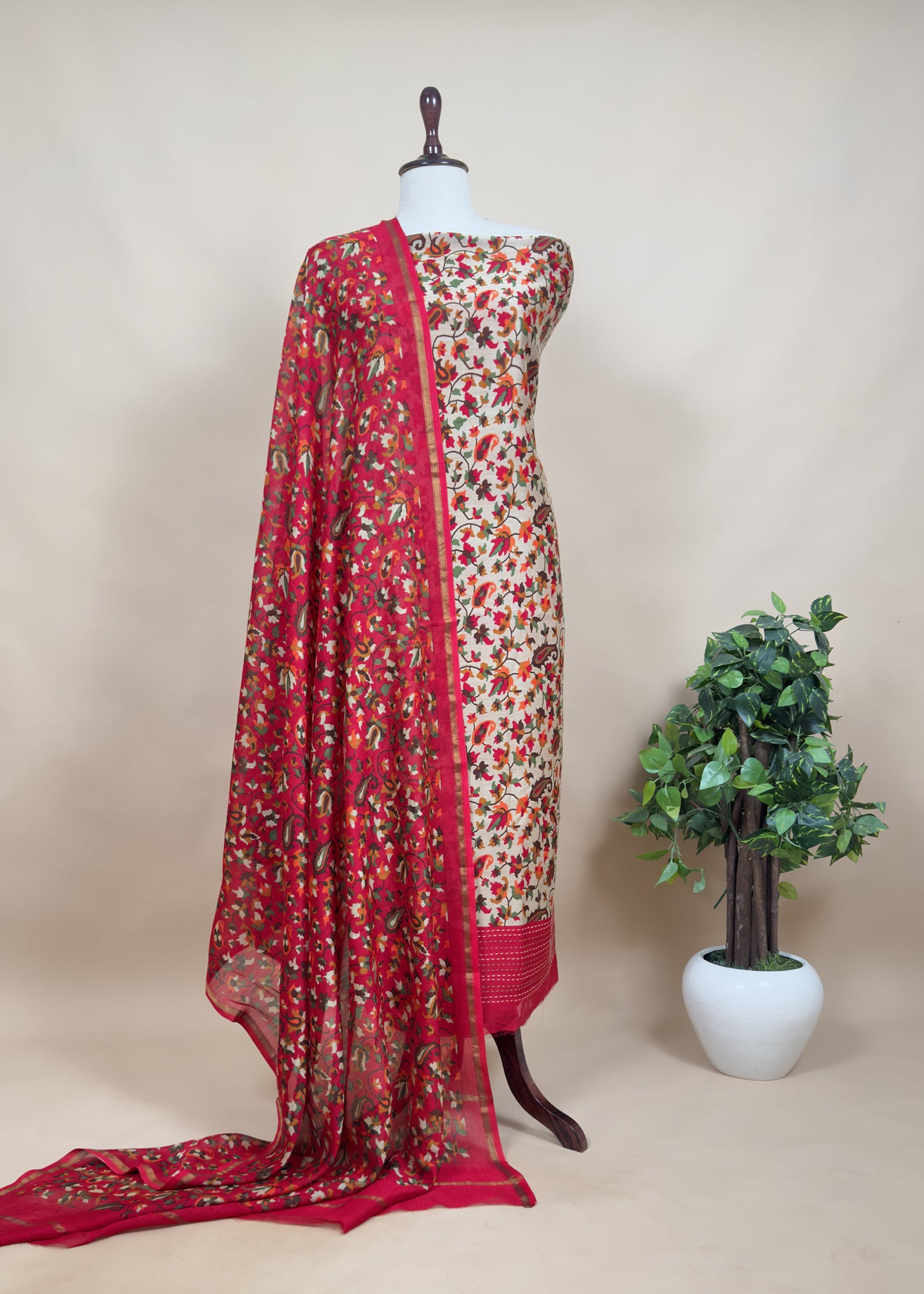 Blue Kantha-Embroidered Maheshwari Silk Suit in Kani Print